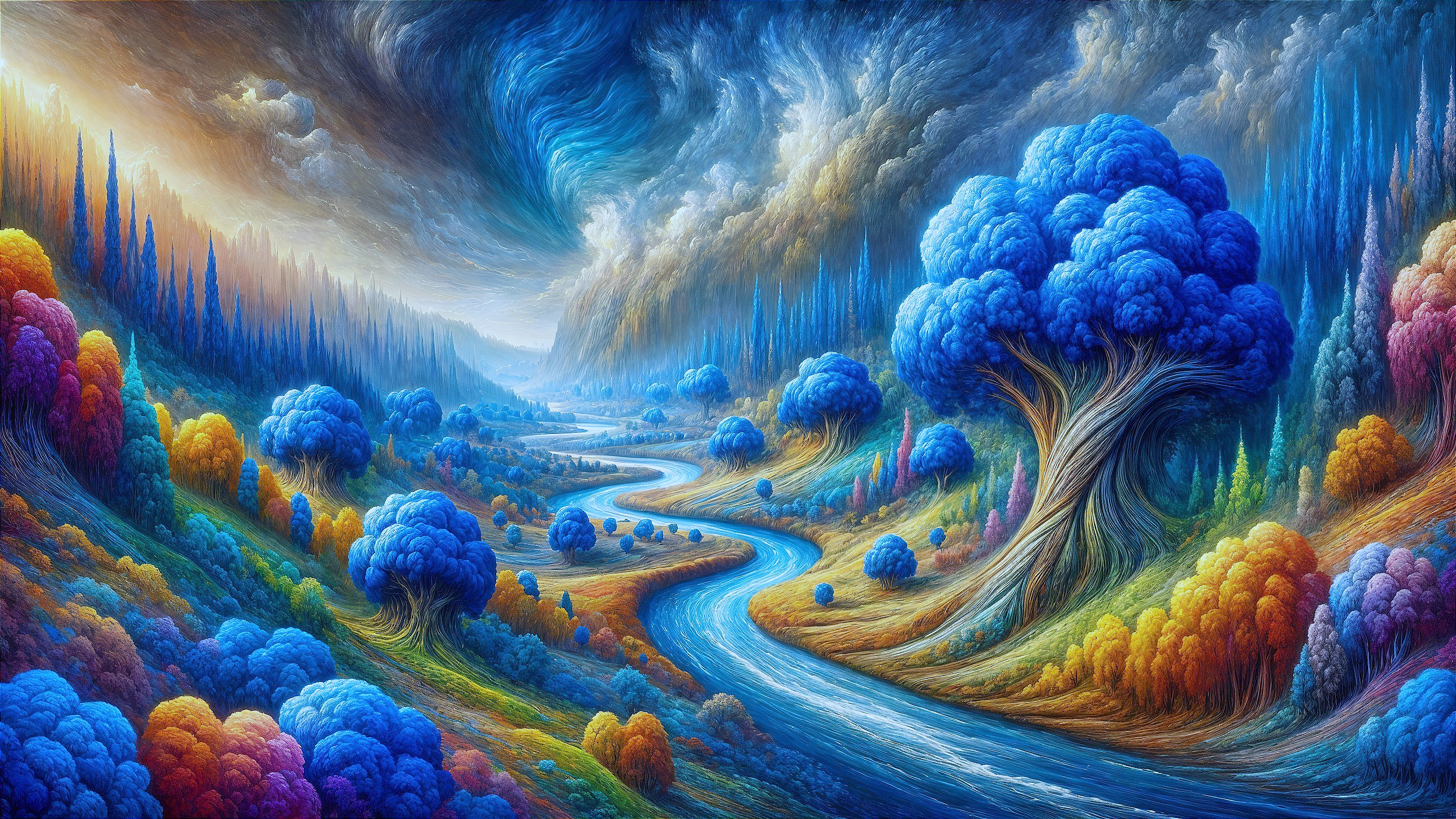 Vibrant Dreamlike Landscape with Colorful Trees