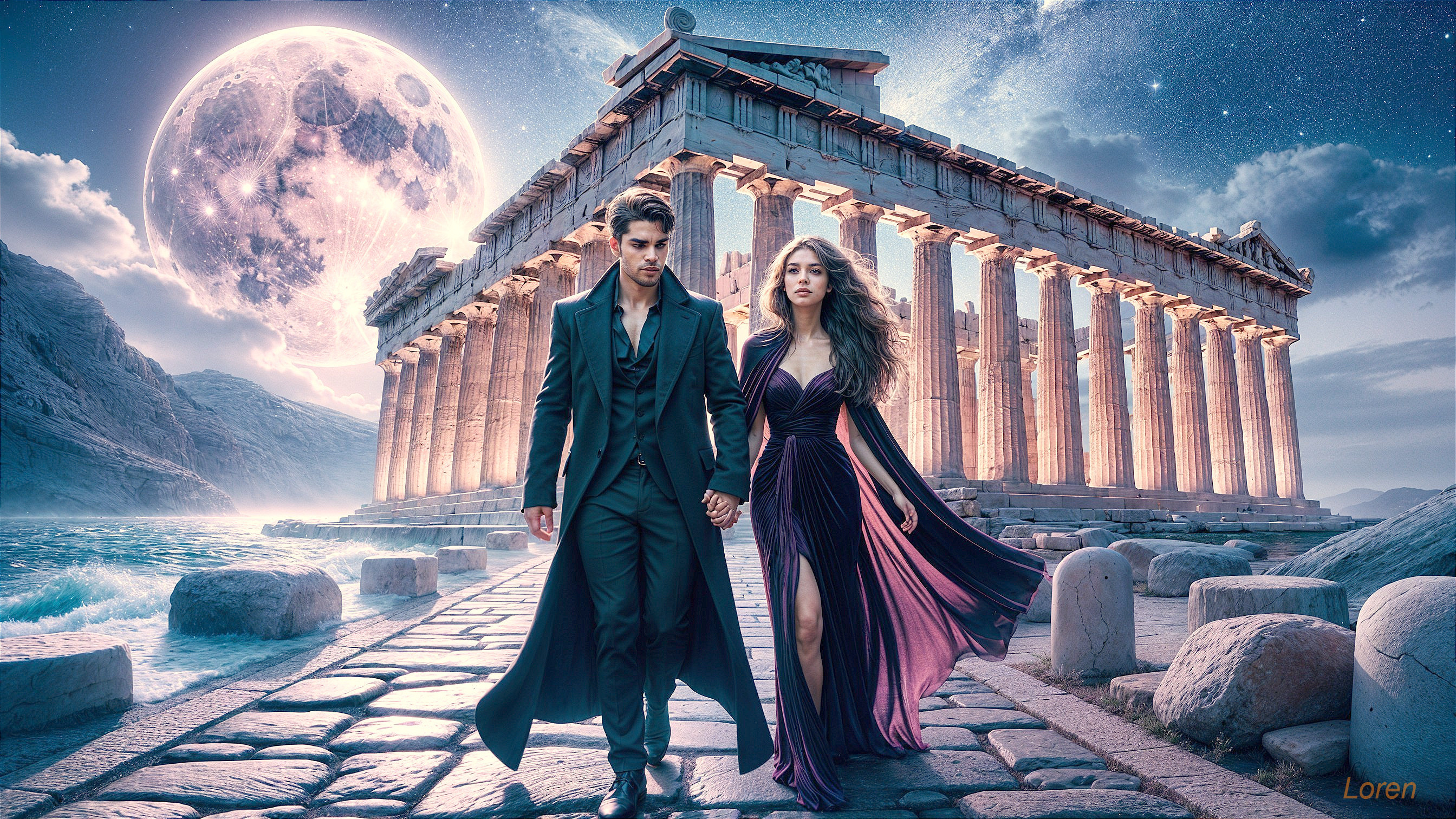 Couple in Elegant Attire by Ancient Temple at Night