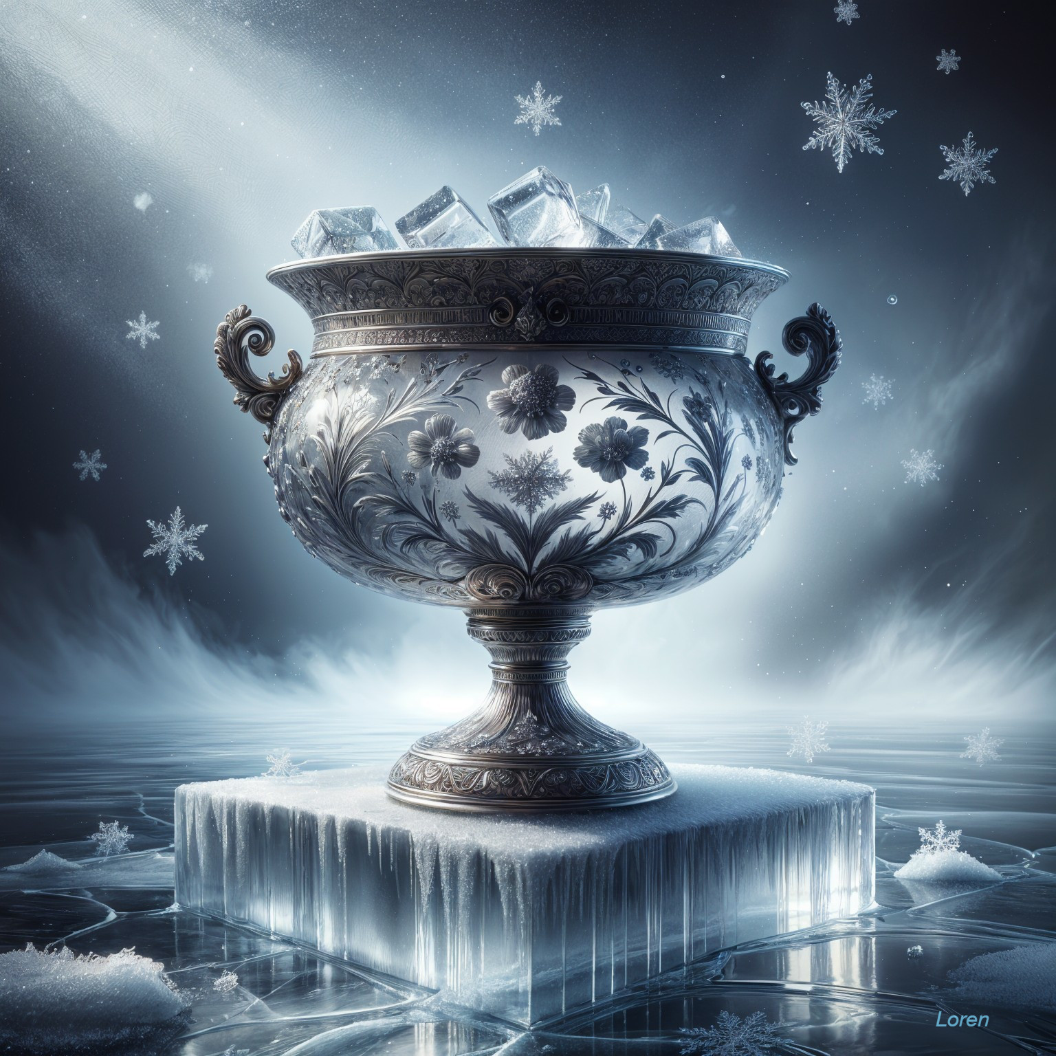 Ornate Silver Bowl on Ice with Sparkling Ice Cubes