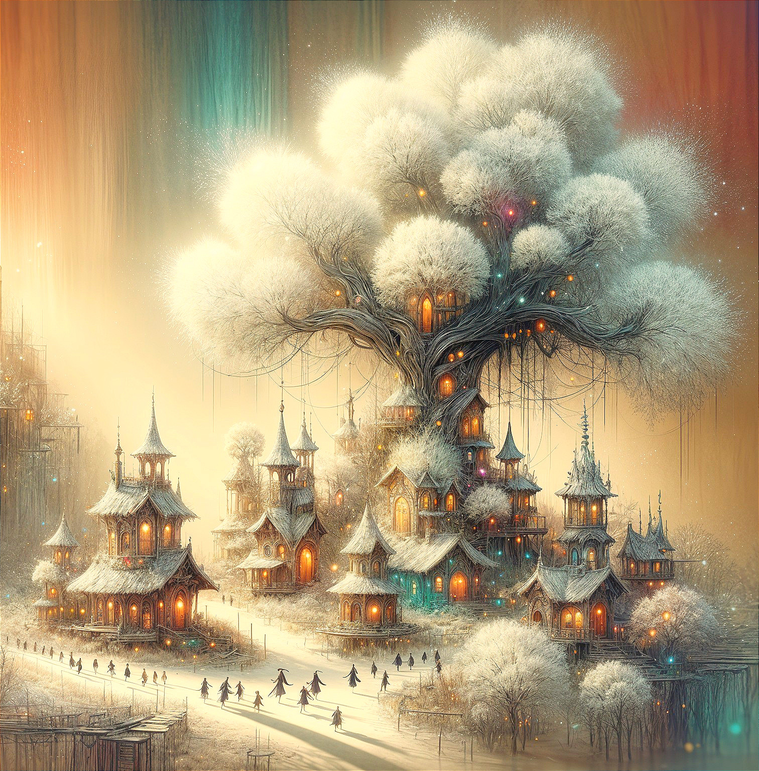 Enchanted Village Under a Grand Illuminated Tree