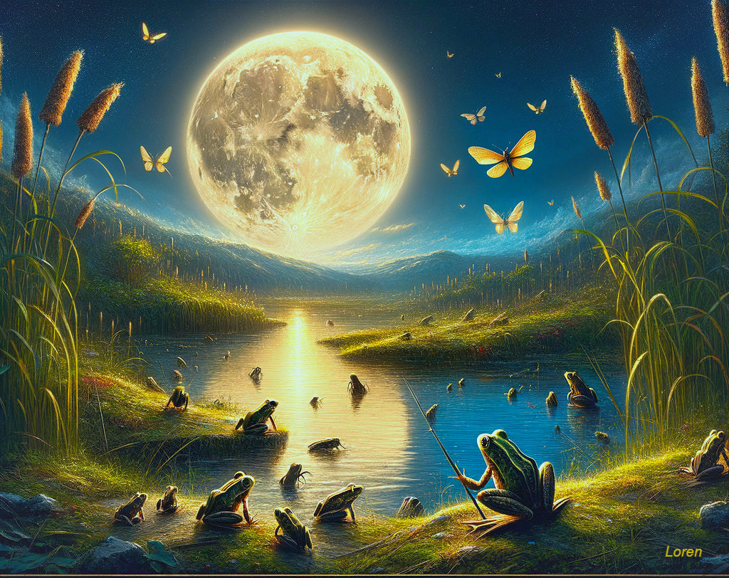 Serene Moonlit Landscape with Frogs and Butterflies