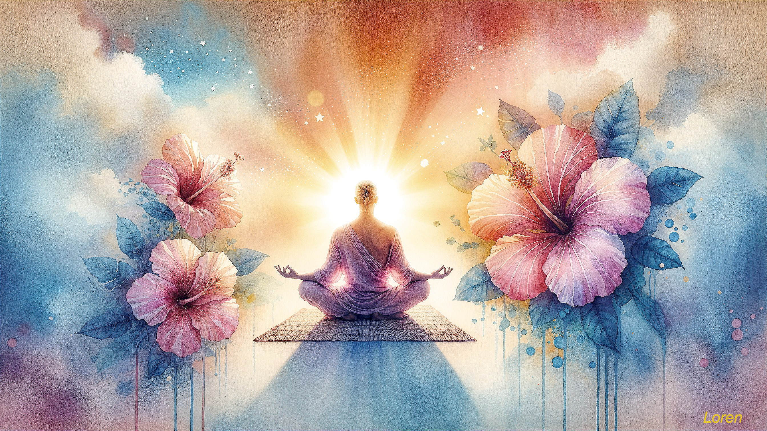 Meditative Figure Surrounded by Vibrant Hibiscus Flowers