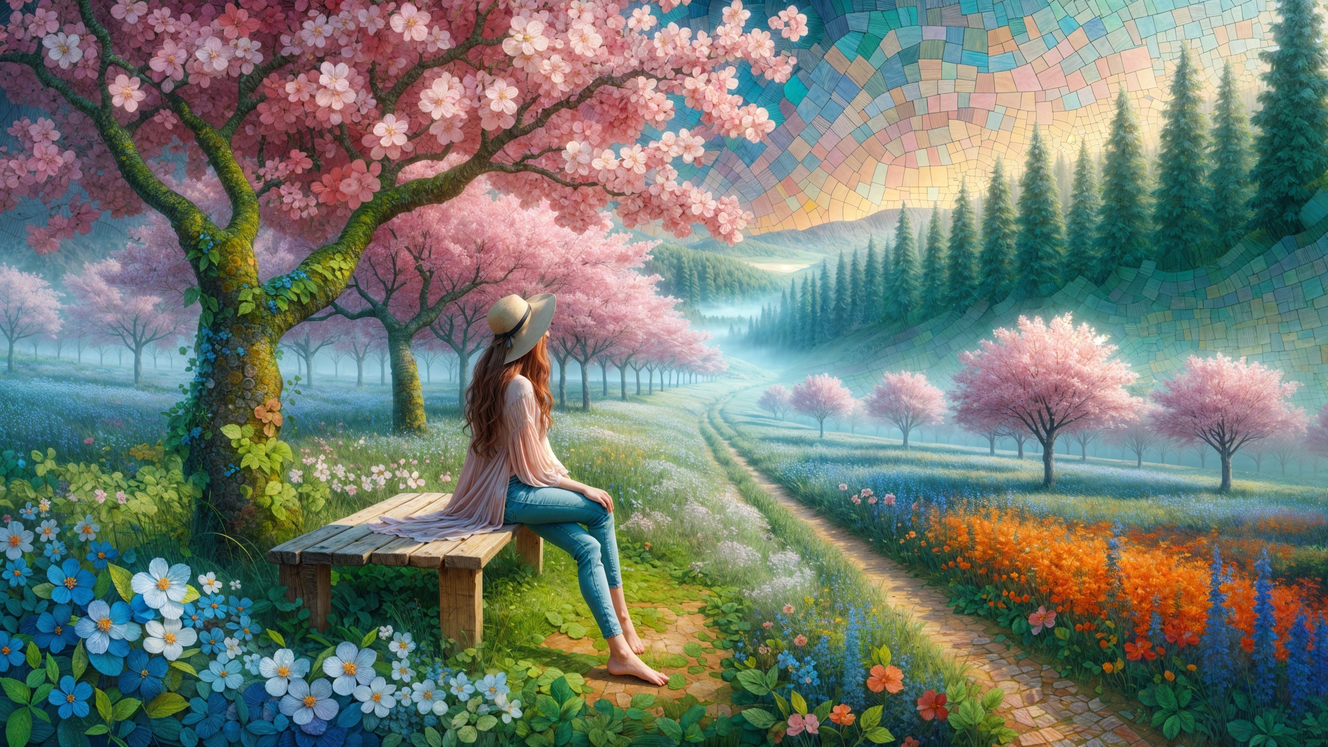 Young Woman Seated in a Colorful Blossom Landscape