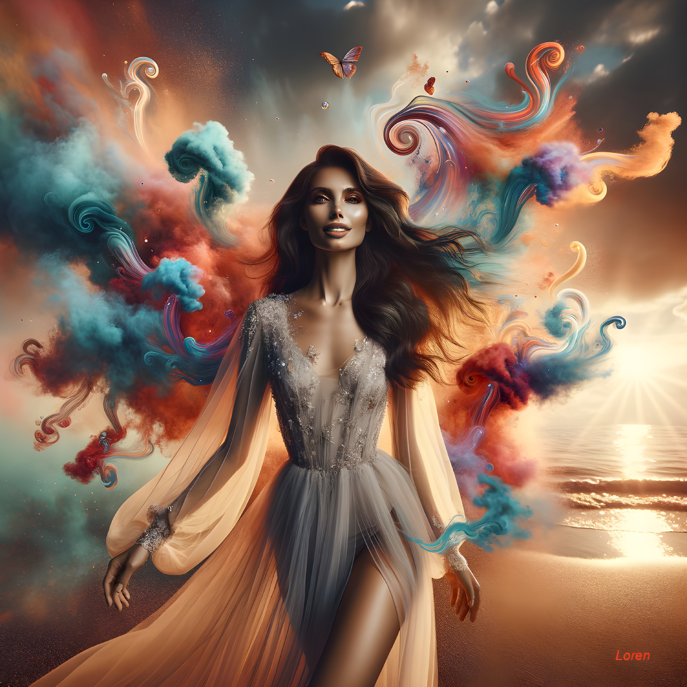 Graceful Woman in Translucent Gown with Vibrant Background