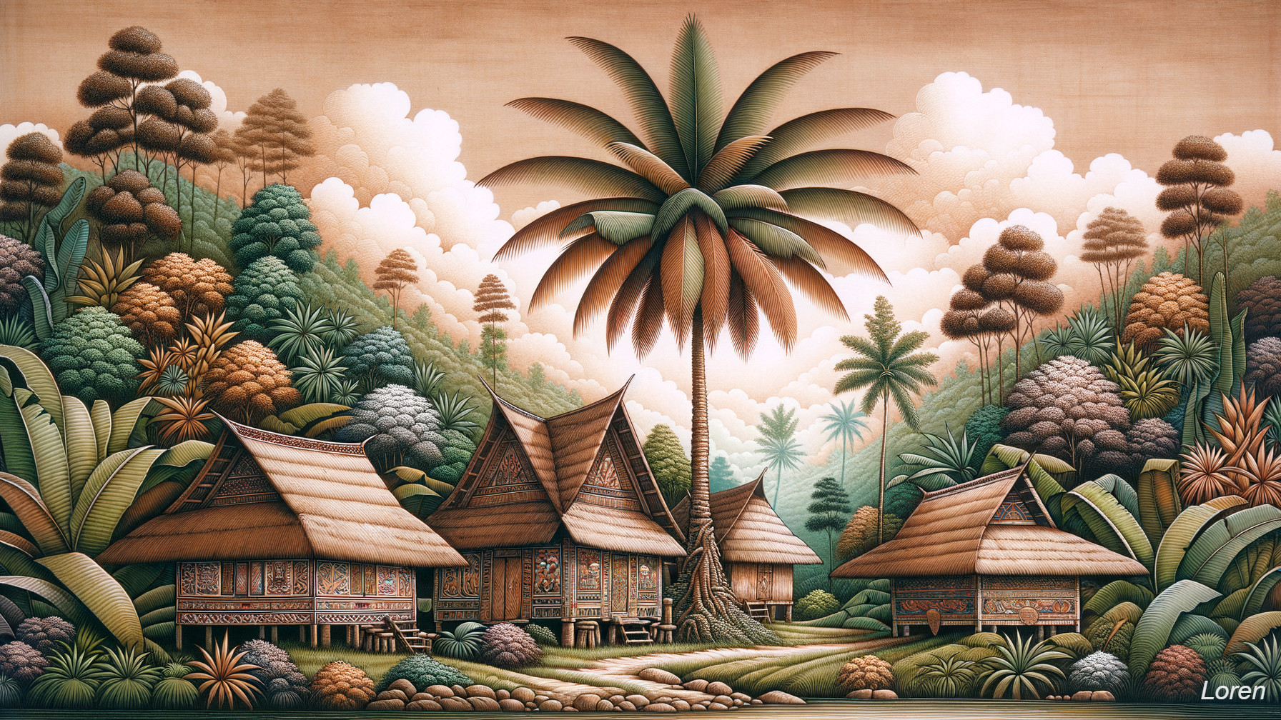 Traditional Houses in Lush Green Landscape Scene