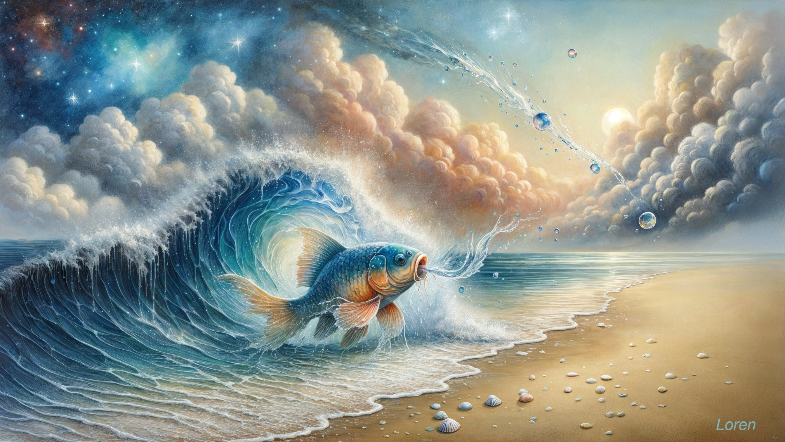 Golden fish and waves in a dreamy seaside landscape