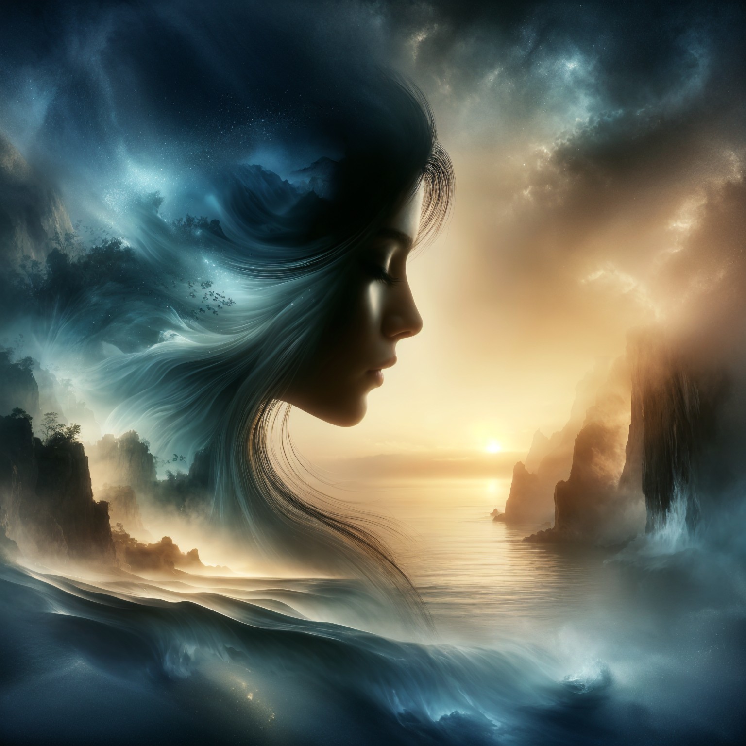 Ethereal Portrait of Woman Amidst Ocean and Sky