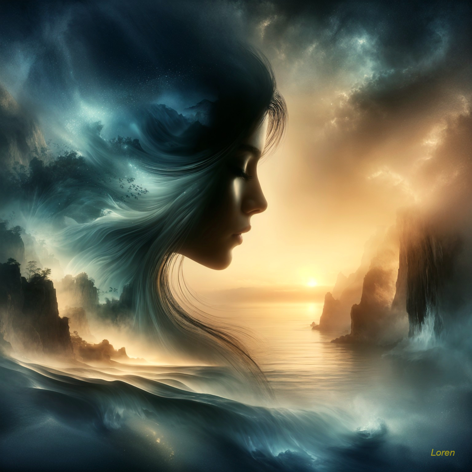 Ethereal Portrait of Woman Amidst Ocean and Sky