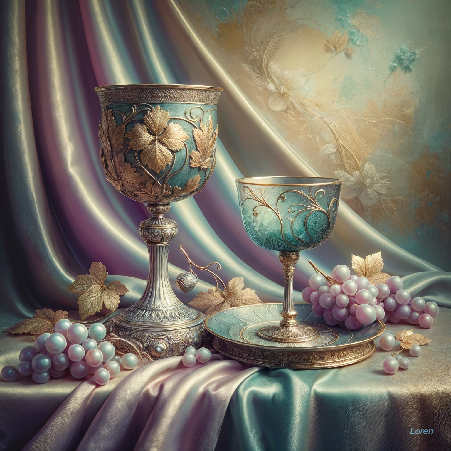 Ornate Still Life with Gold Leaf Vessels and Grapes