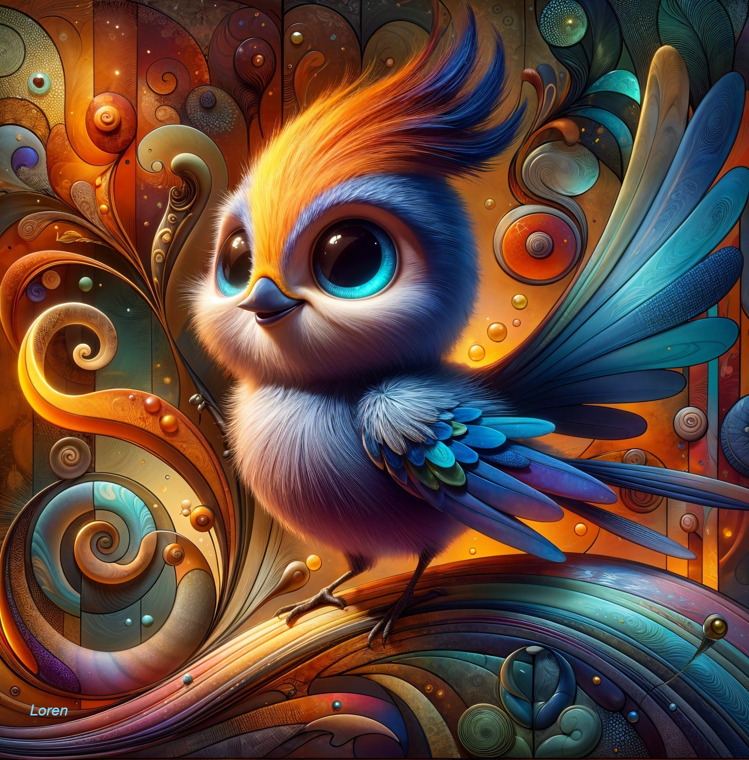 Vibrant Bird on Colorful Swirling Branch