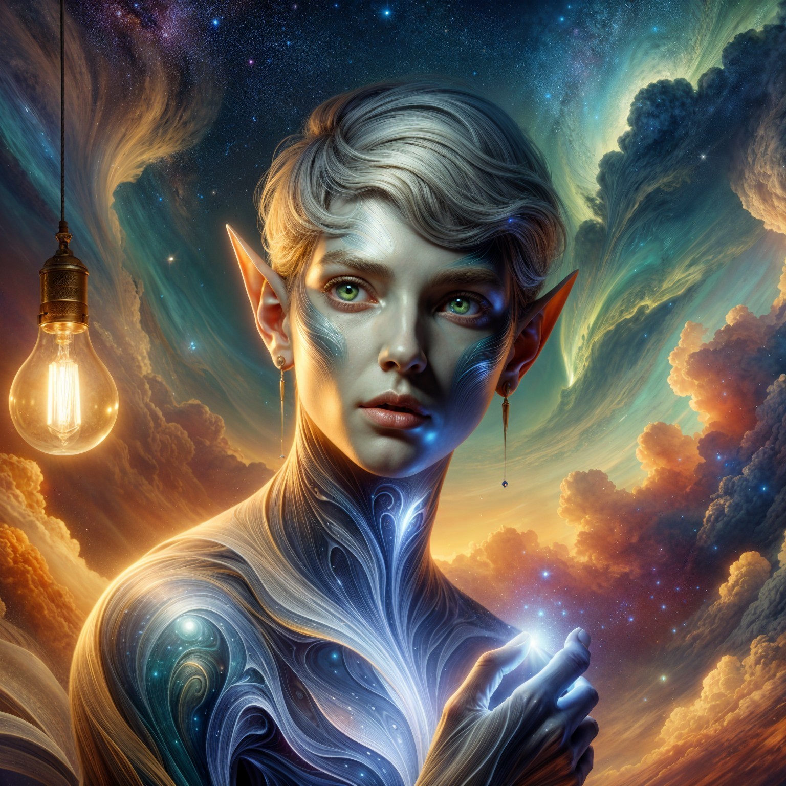 Celestial Figure in Cosmic Swirls and Ethereal Glow