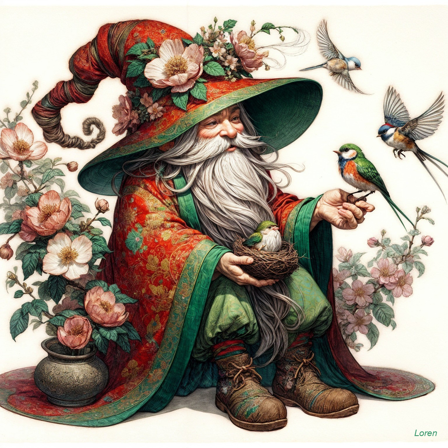 Whimsical Gnome Surrounded by Cherry Blossoms and Birds