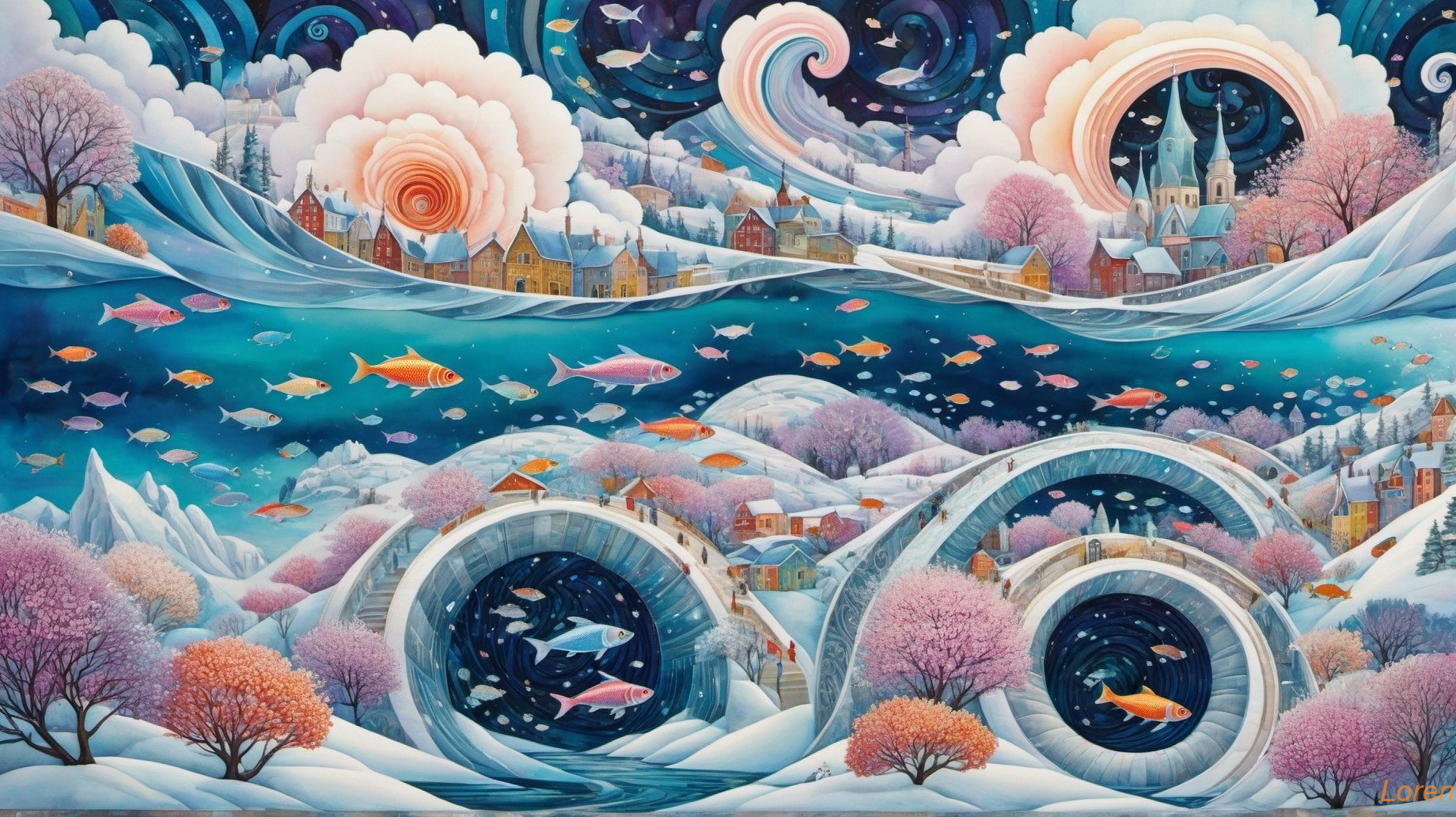 Surreal Winter Landscape with Fish and Vibrant Waves