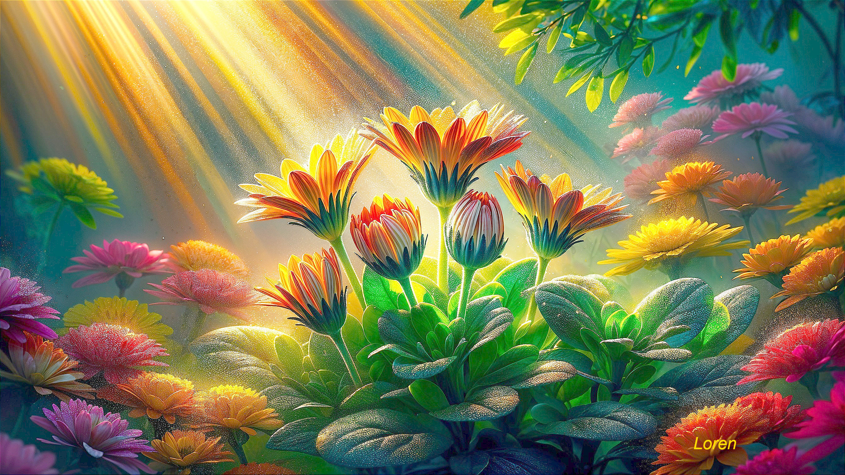 Vibrant Garden Scene with Blooming Flowers and Sunlight
