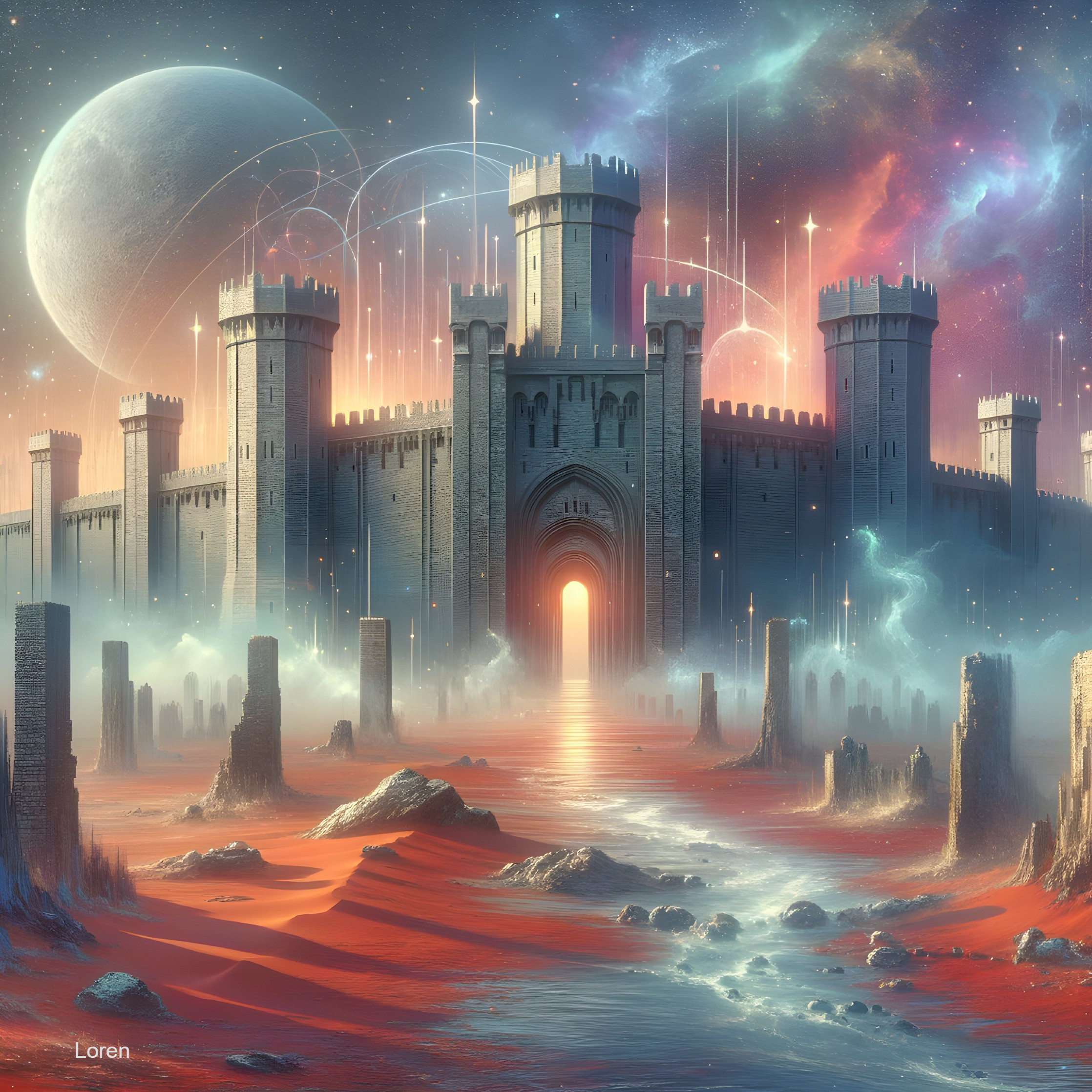 Medieval Castle in a Surreal Cosmic Landscape