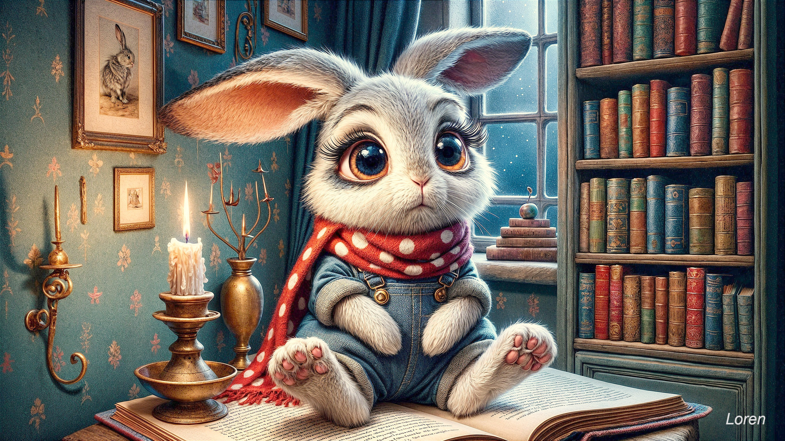 Oversized-eyed rabbit on a book in a cozy room