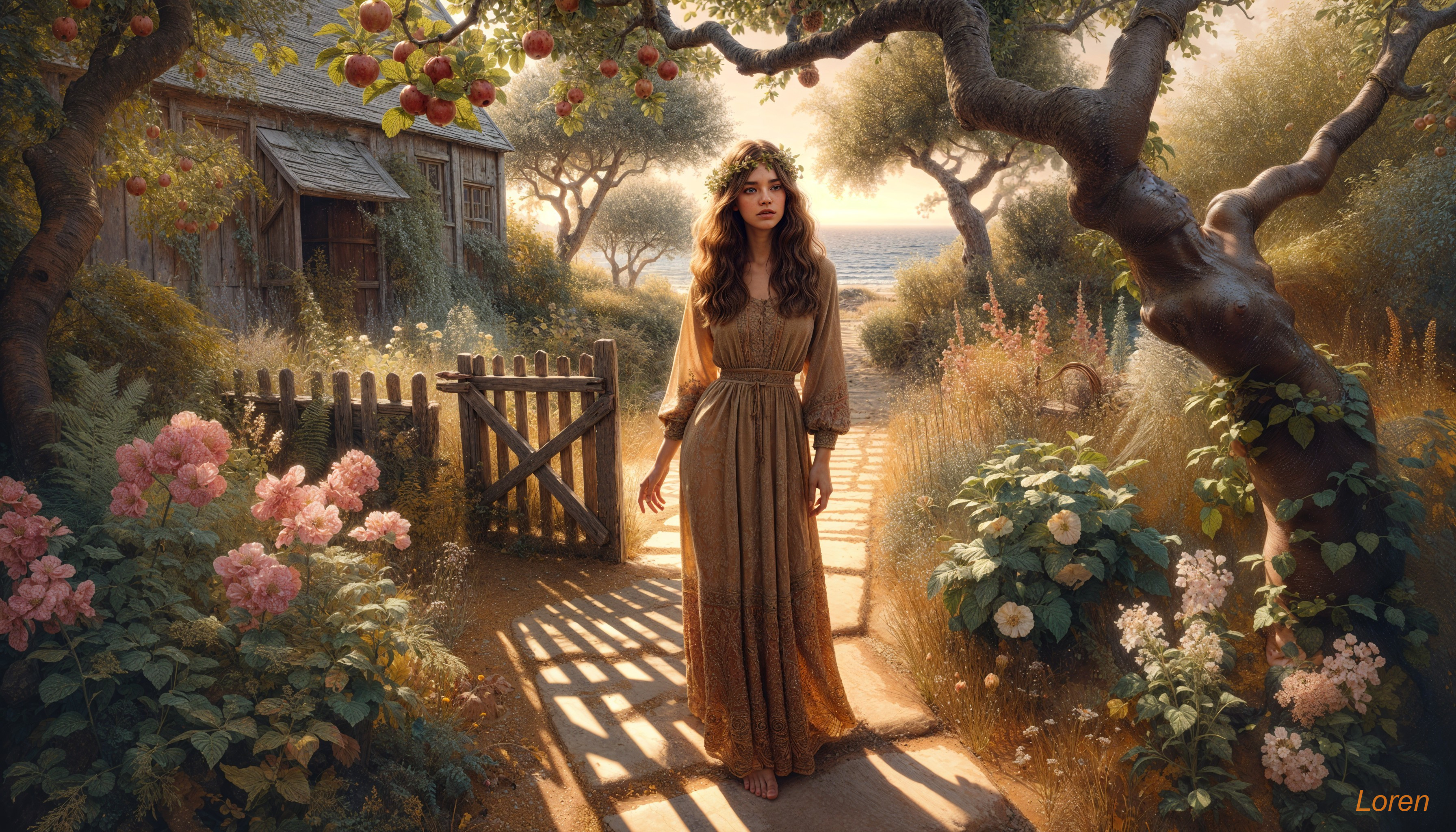 Young Woman in Sunlit Garden with Rustic Cottage