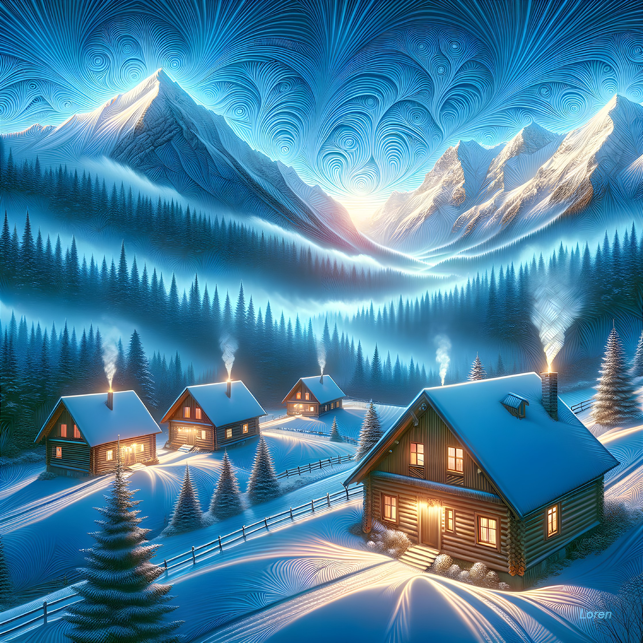 Winter Landscape with Log Cabins and Snowy Mountains