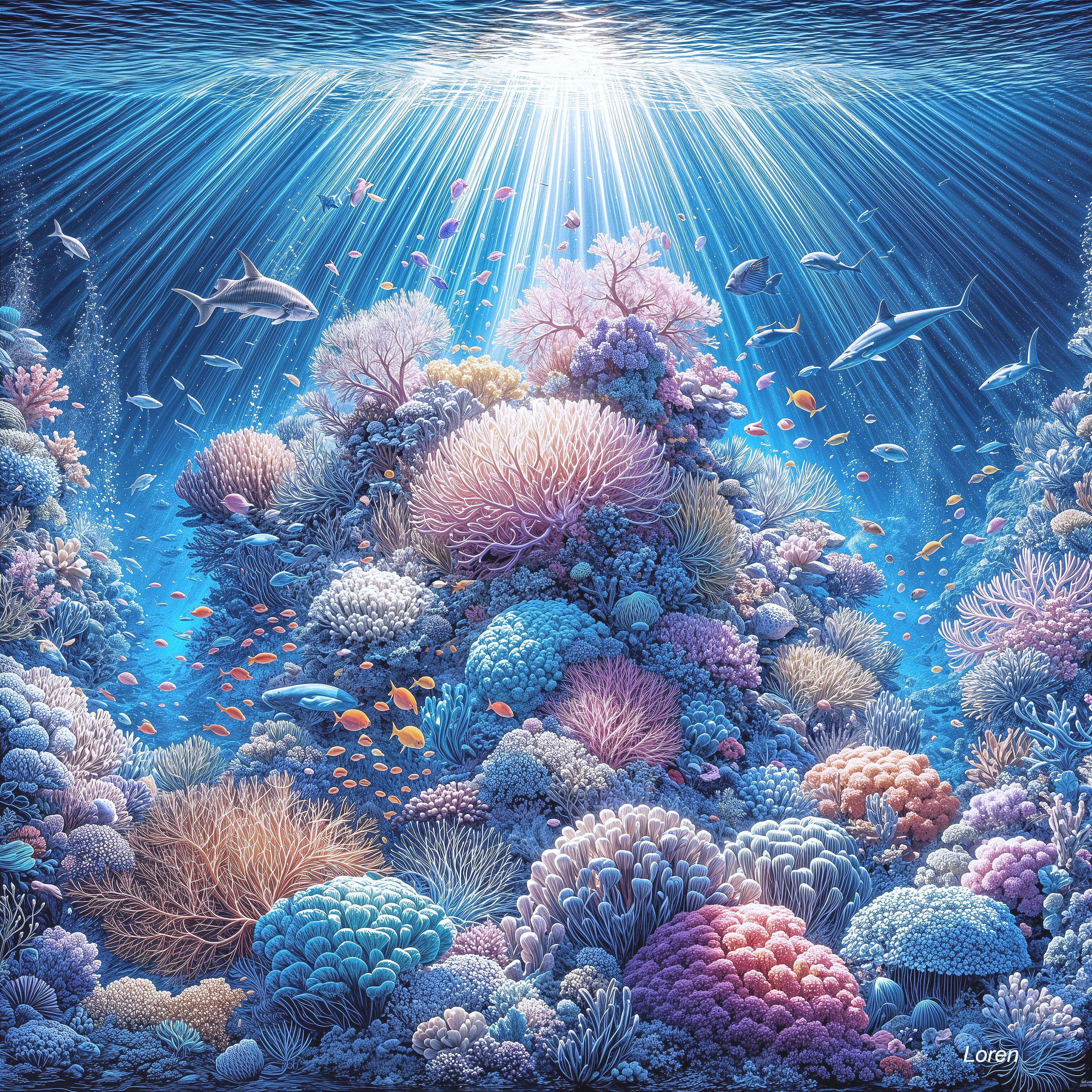 Vibrant Underwater Scene with Colorful Corals and Fish