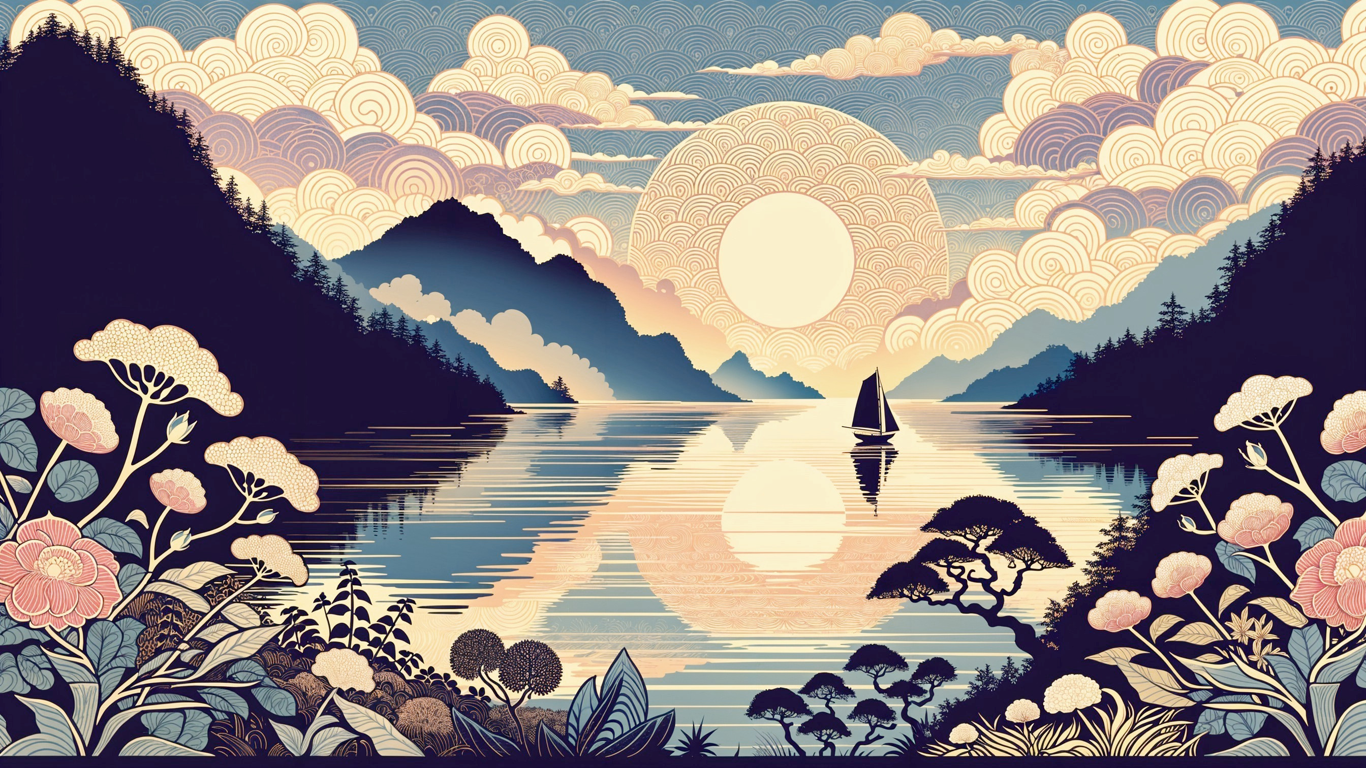 Tranquil River Landscape with Mountains and Sunrise