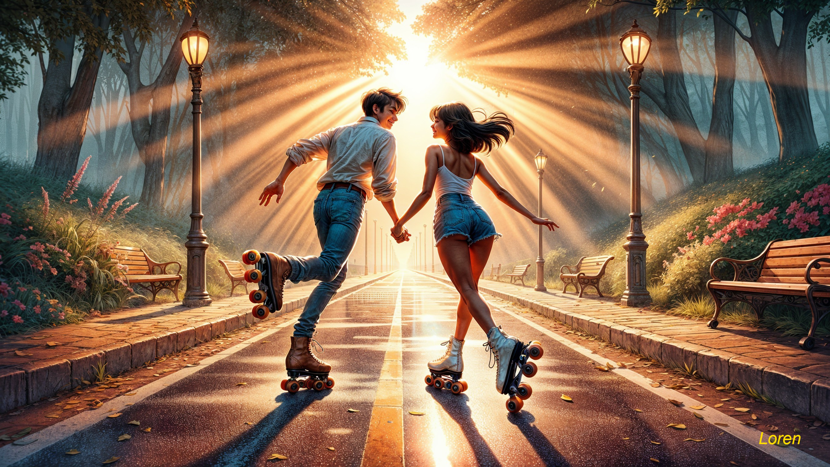 Couple Roller Skating in Sunlit Park Pathway