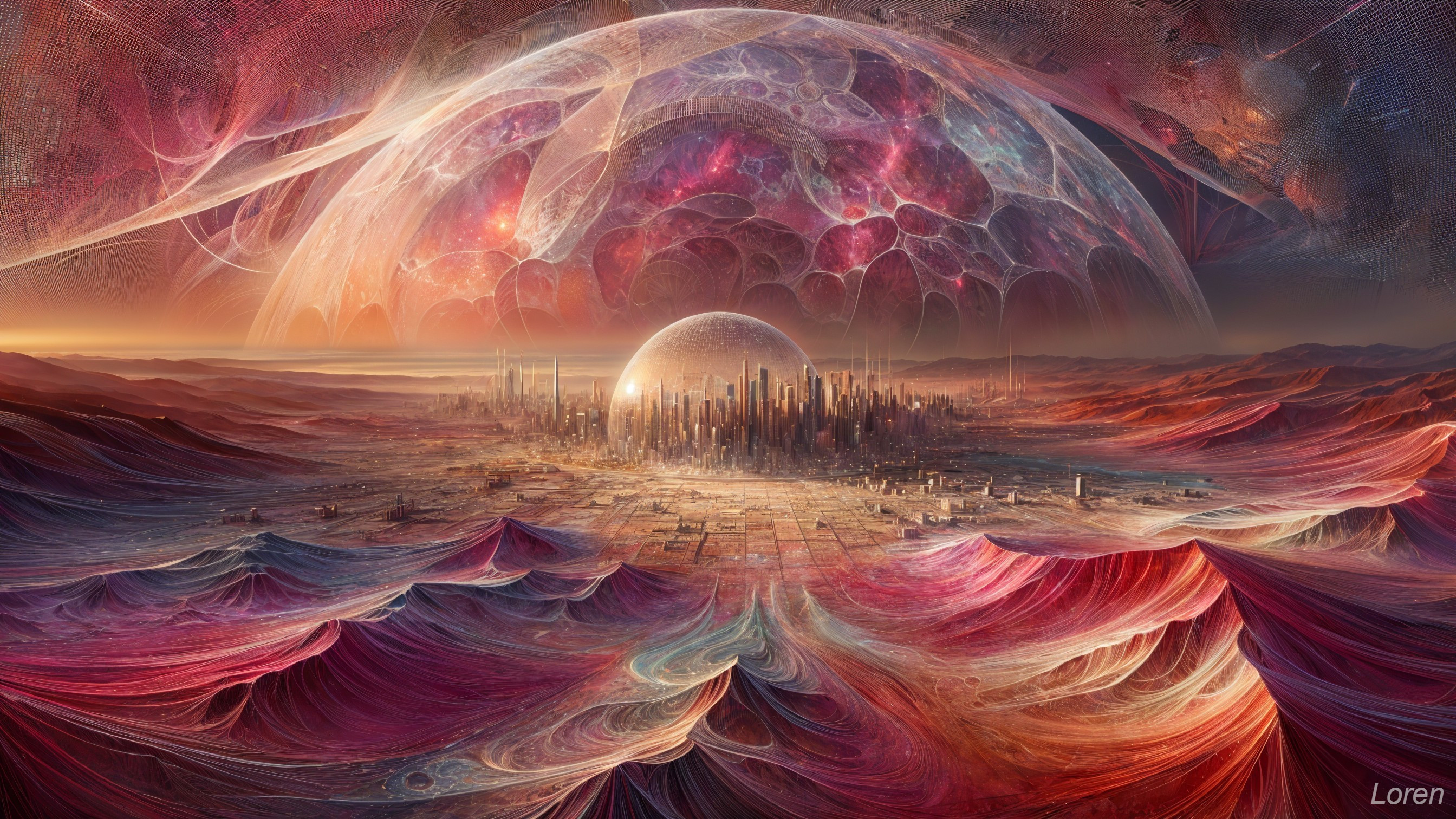 Cosmic Landscape with City Under Translucent Dome