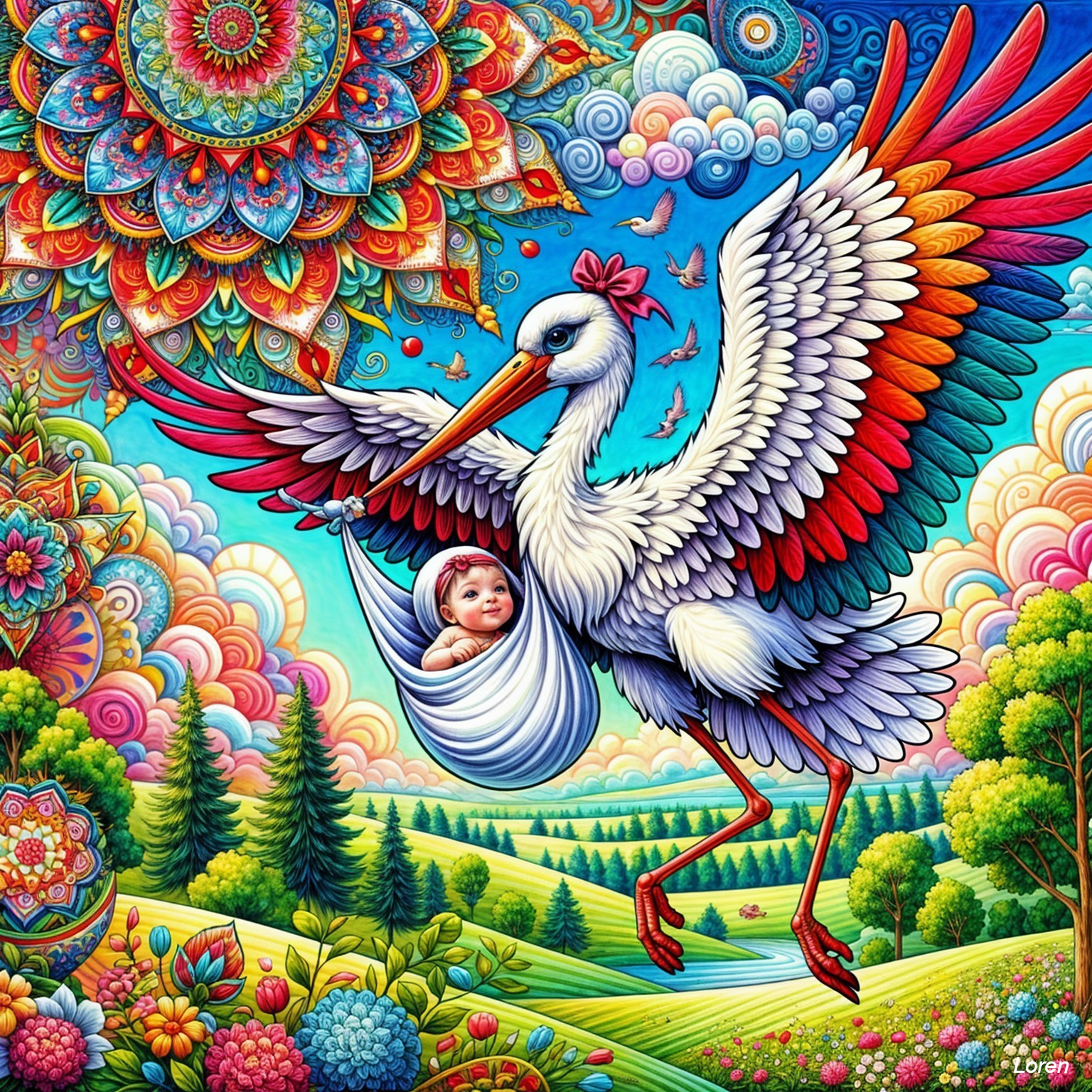 Stork with Baby in Colorful Whimsical Sky Scene