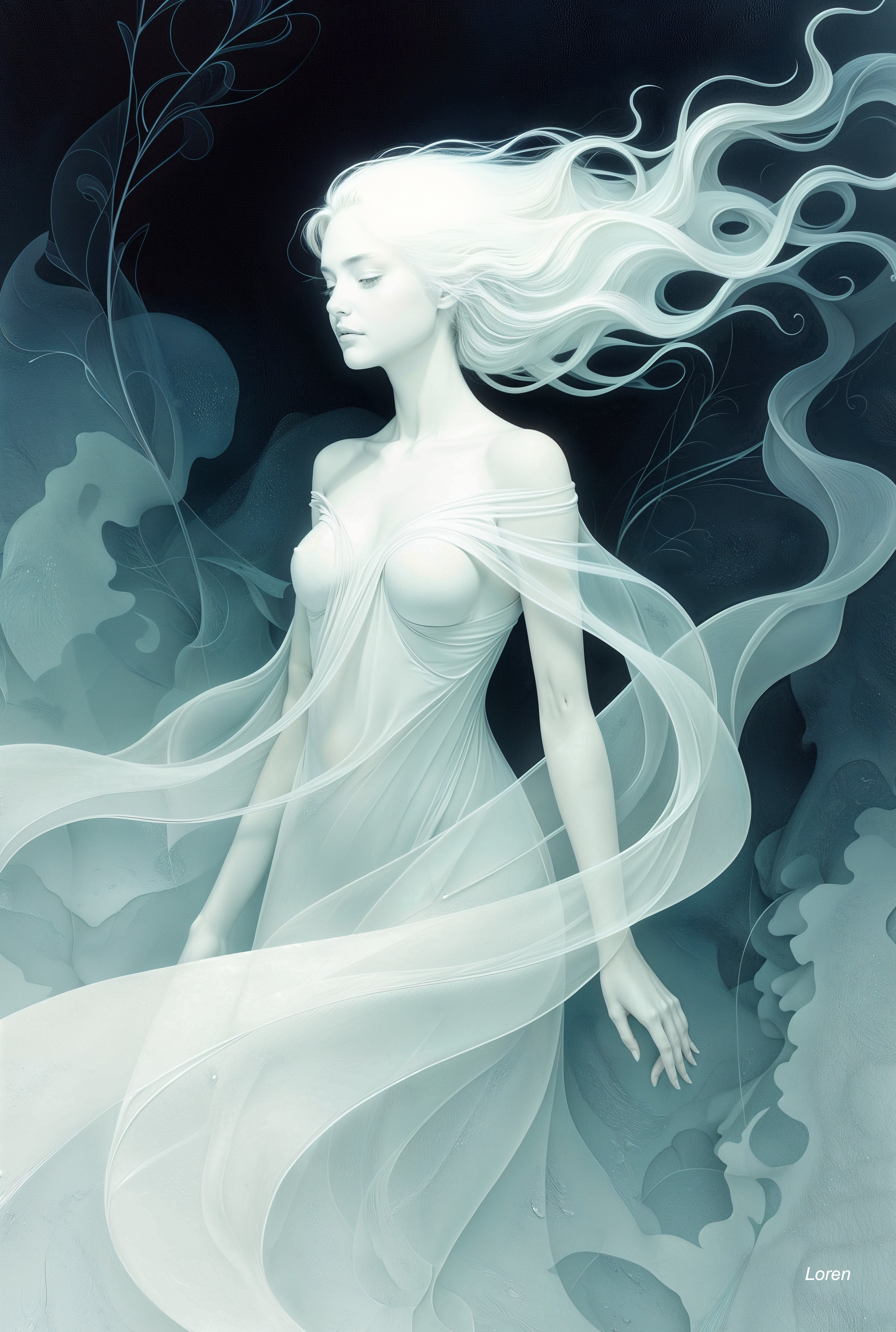 Ethereal Figure in Misty Background with Organic Shapes