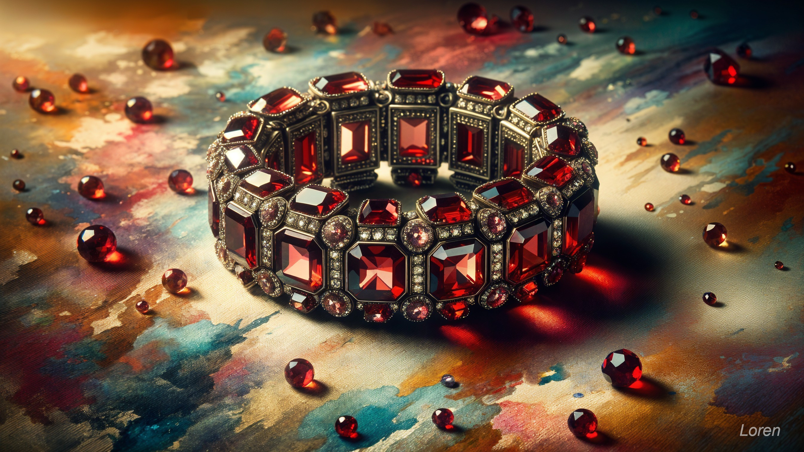 Antique bracelet with red gemstones and intricate design