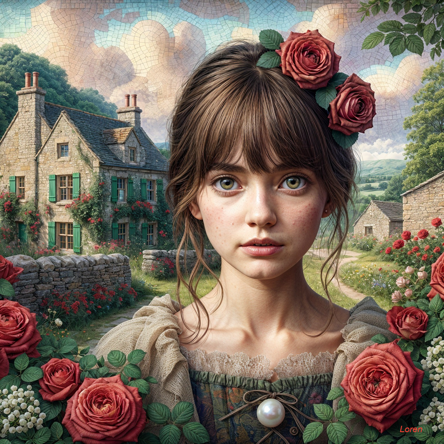 Young Woman with Green Eyes in Floral Crown by Cottage