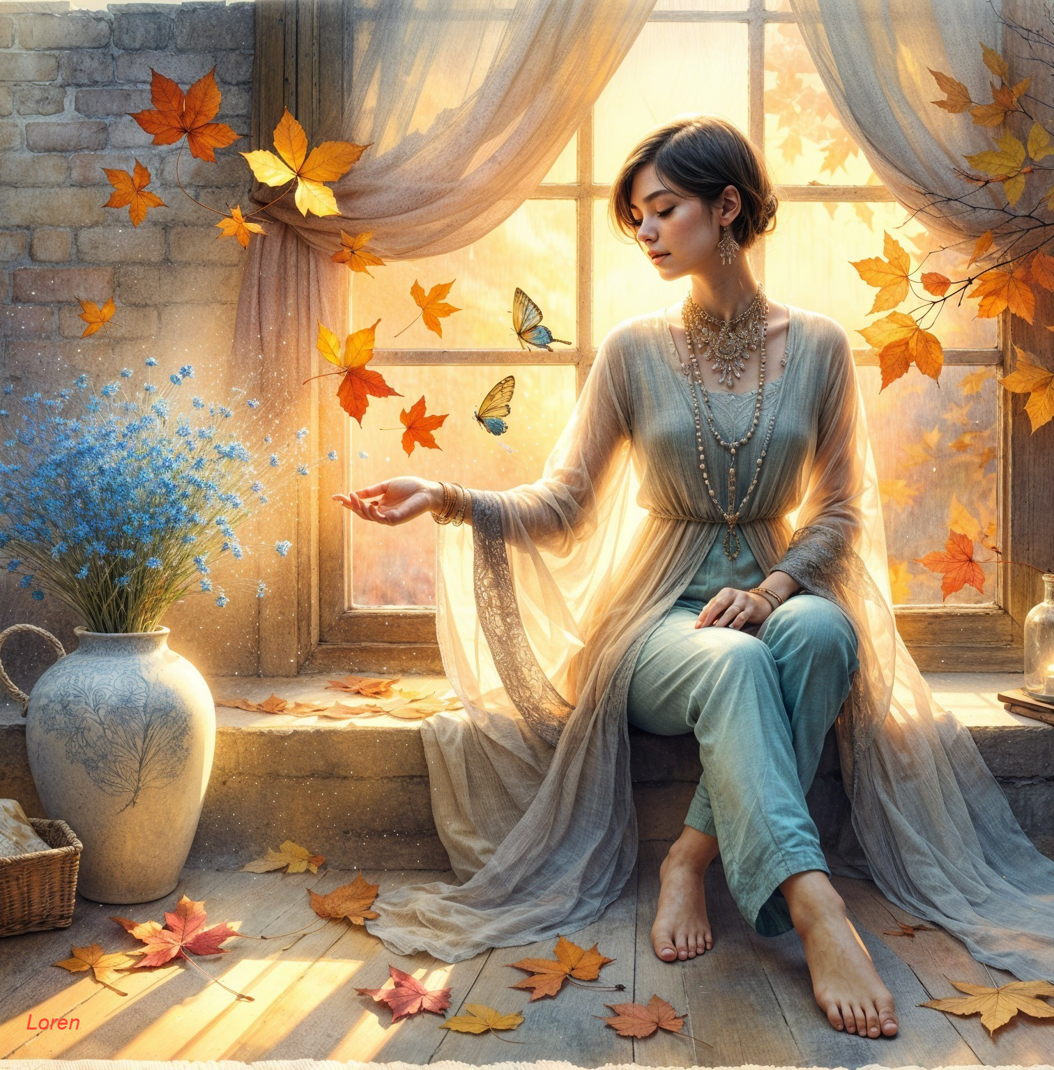 Serene Indoor Scene with Autumn Leaves and Butterfly