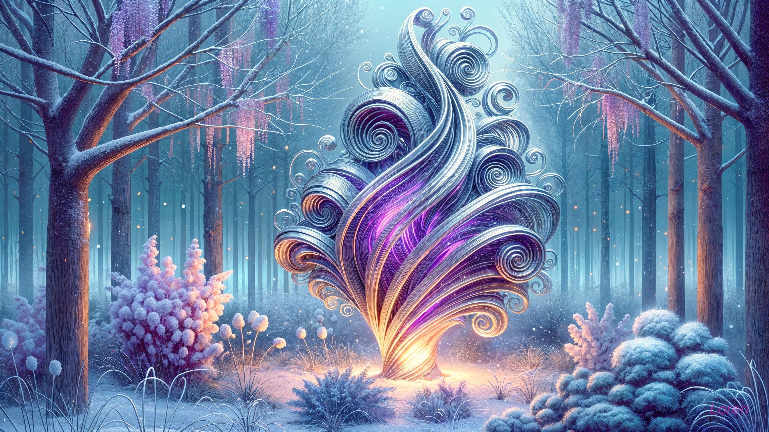 Illuminated Metallic Tree in a Winter Forest Scene
