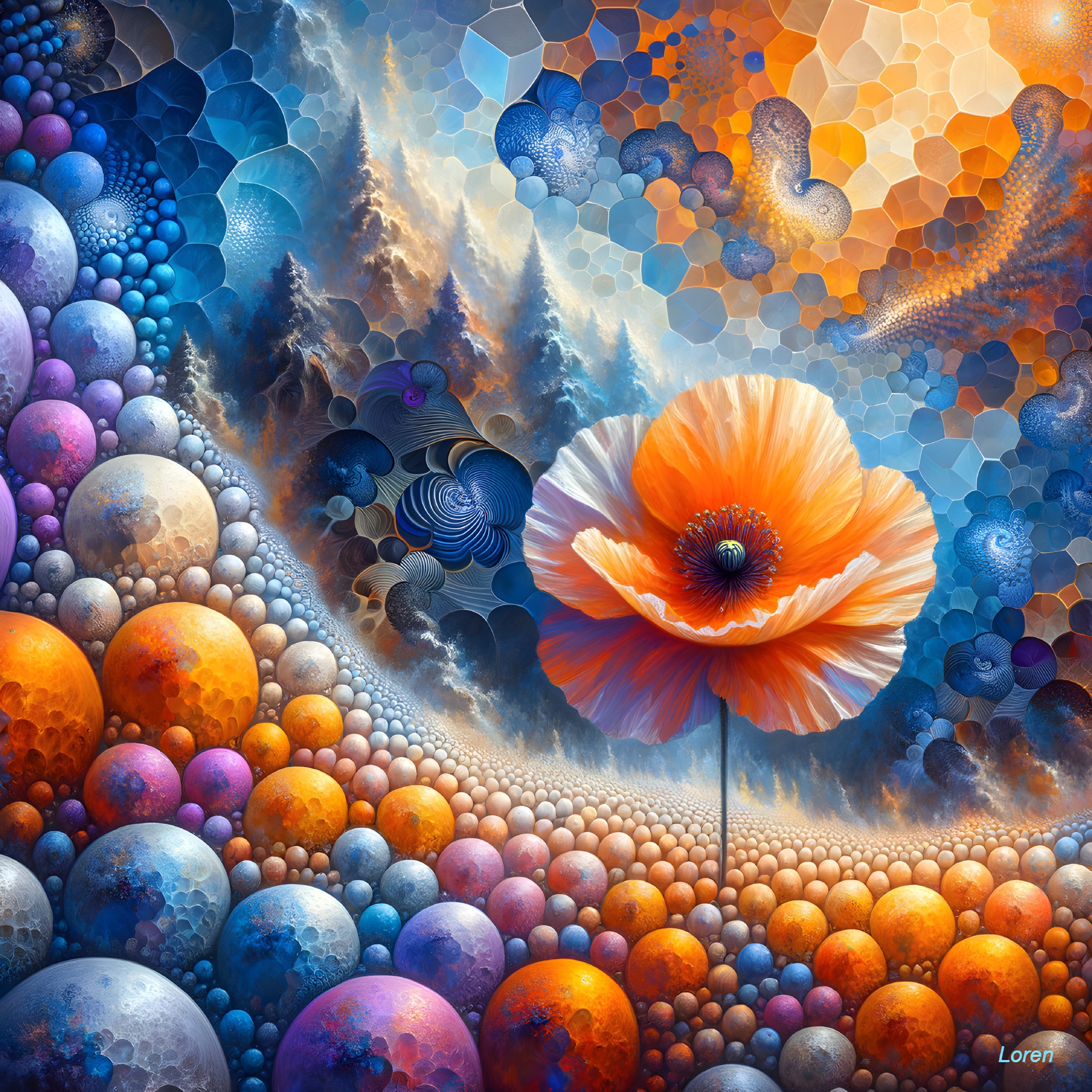 Surreal Landscape with Orange Poppy and Hexagonal Patterns