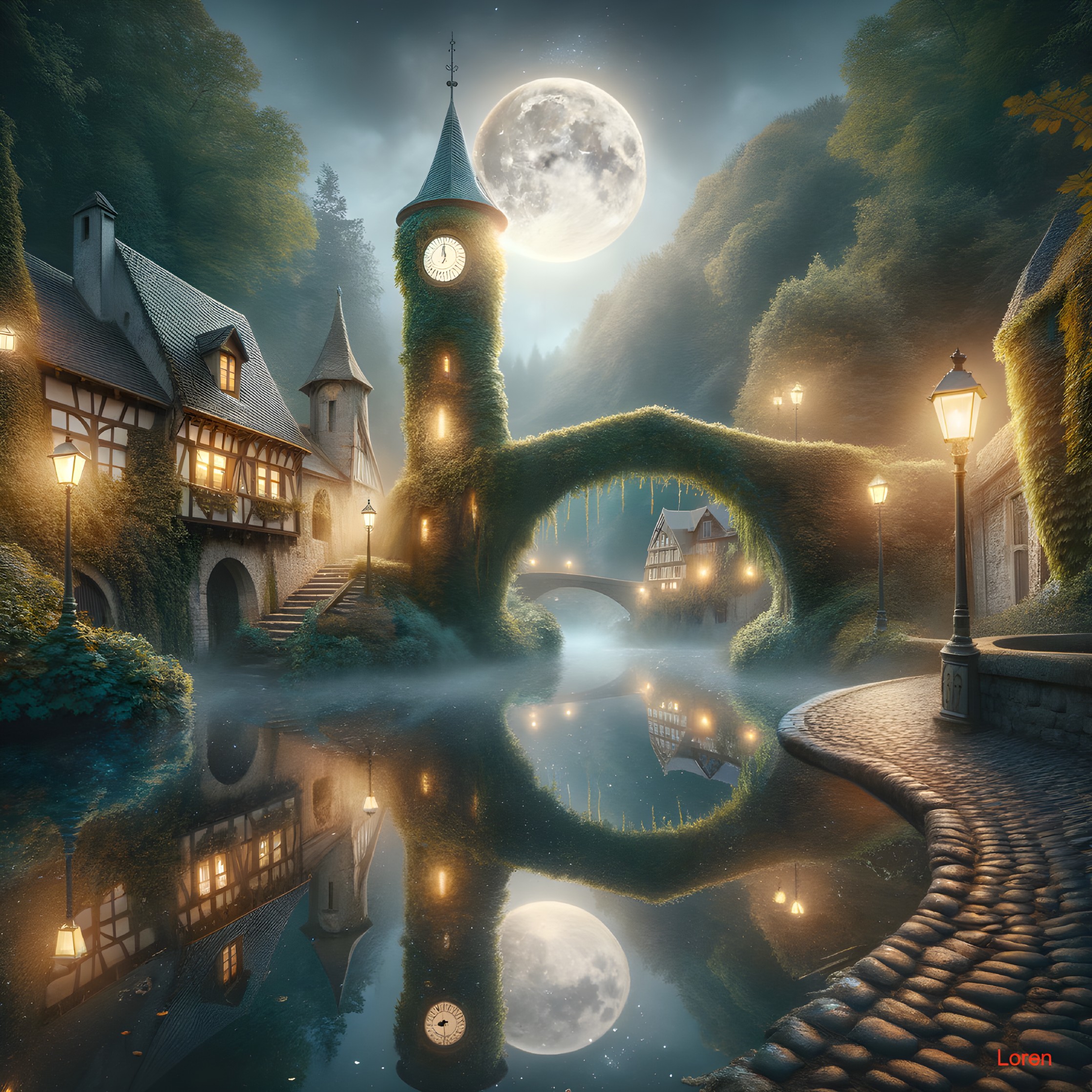 Moonlit village with half-timbered houses and river