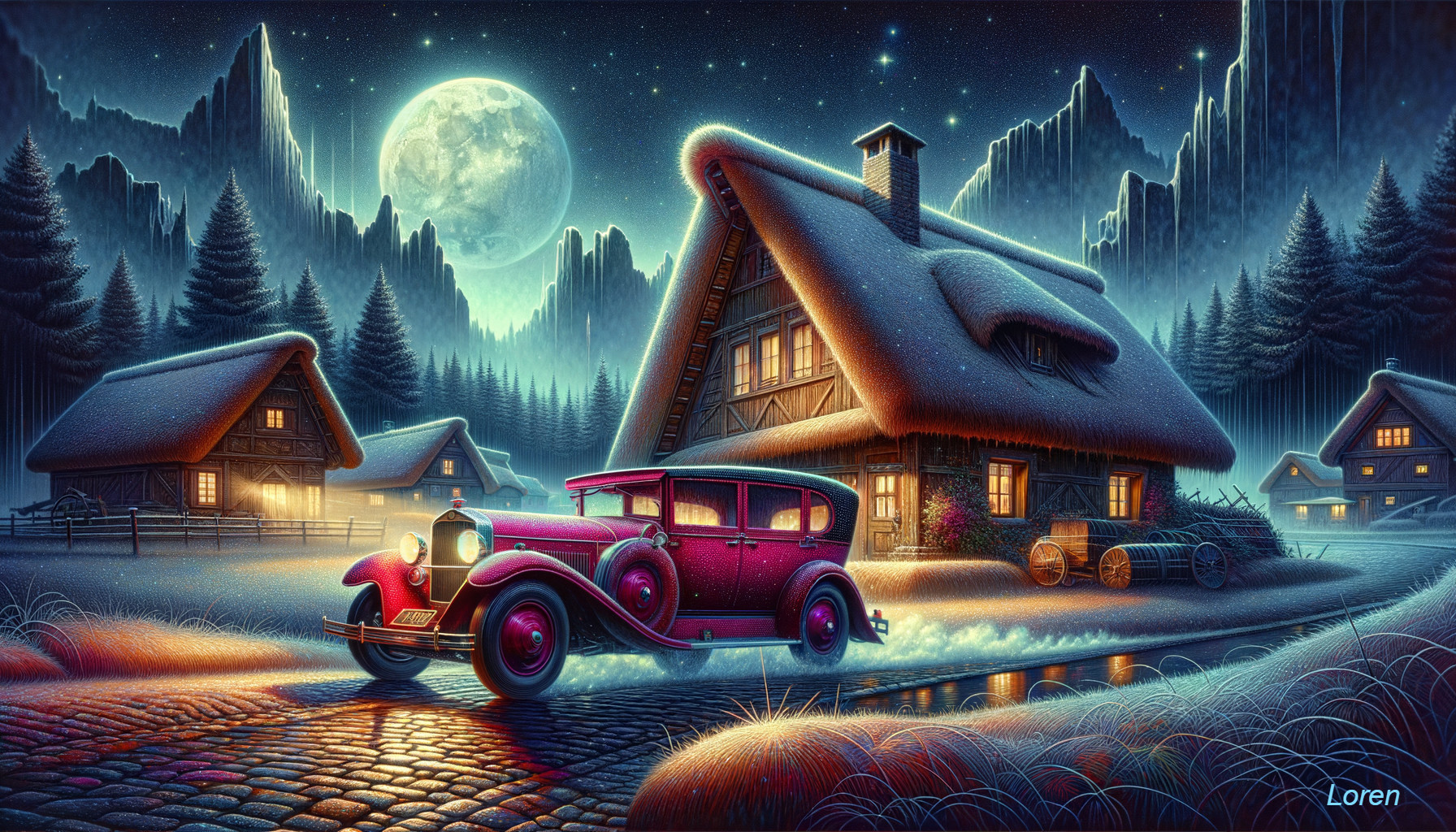 Vintage car parked outside thatched cottage under full moon