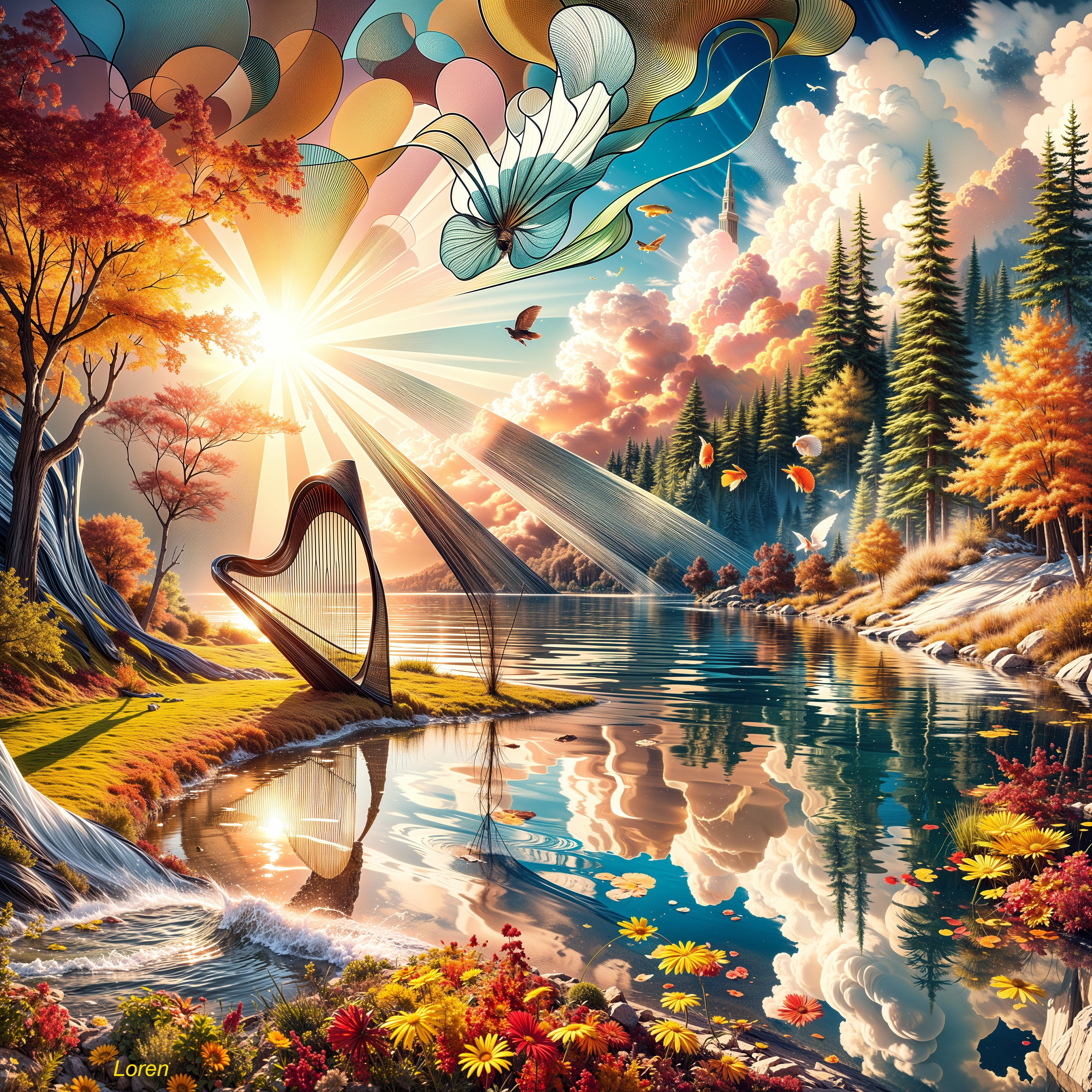 Tranquil Lake Surrounded by Autumn Foliage and Music