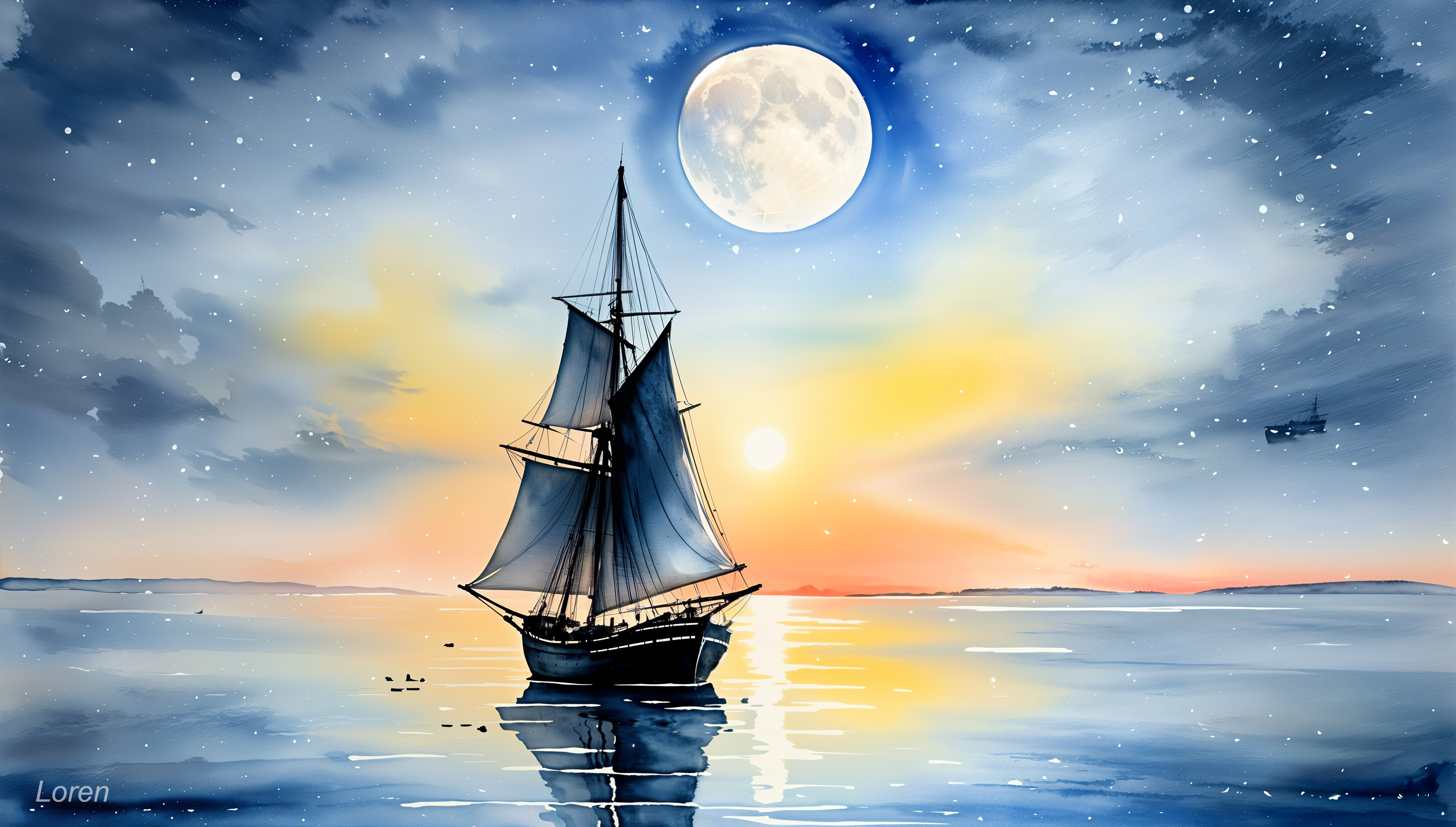 Serene Seascape with Sailing Ship at Sunset