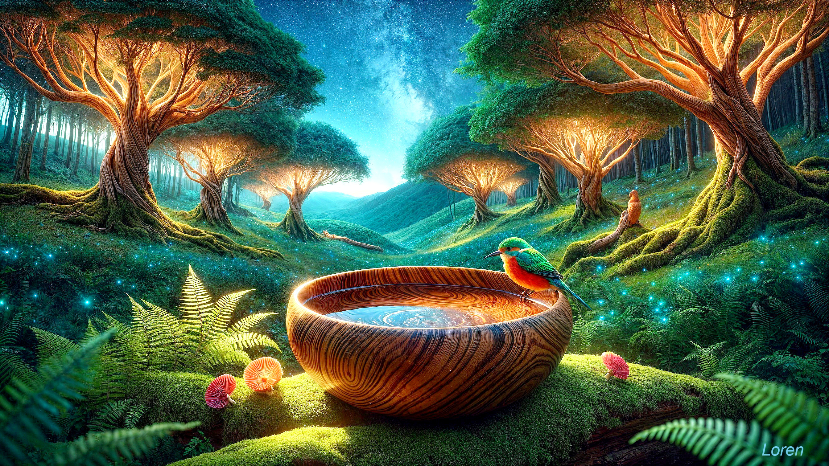 Magical Forest with Vibrant Bird and Ethereal Lights