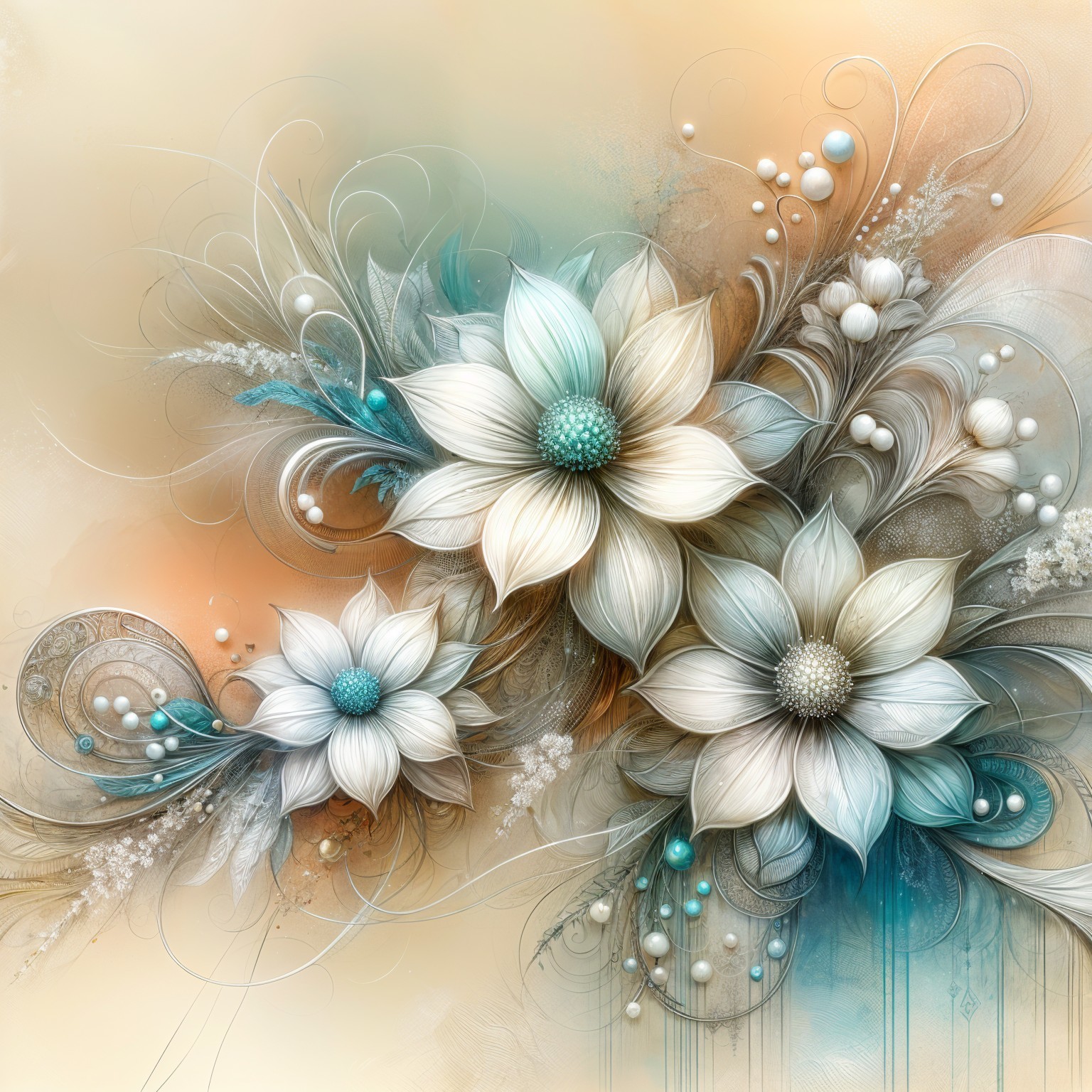 Large Stylized Flowers in Cream and Light Blue