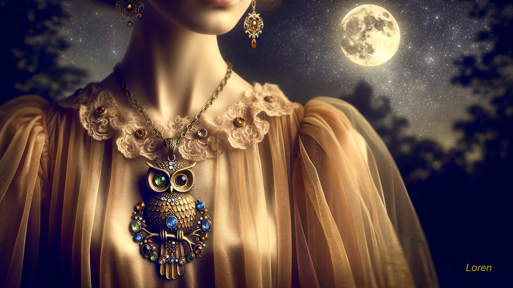 Elegant gown with lace collar and owl pendant at night