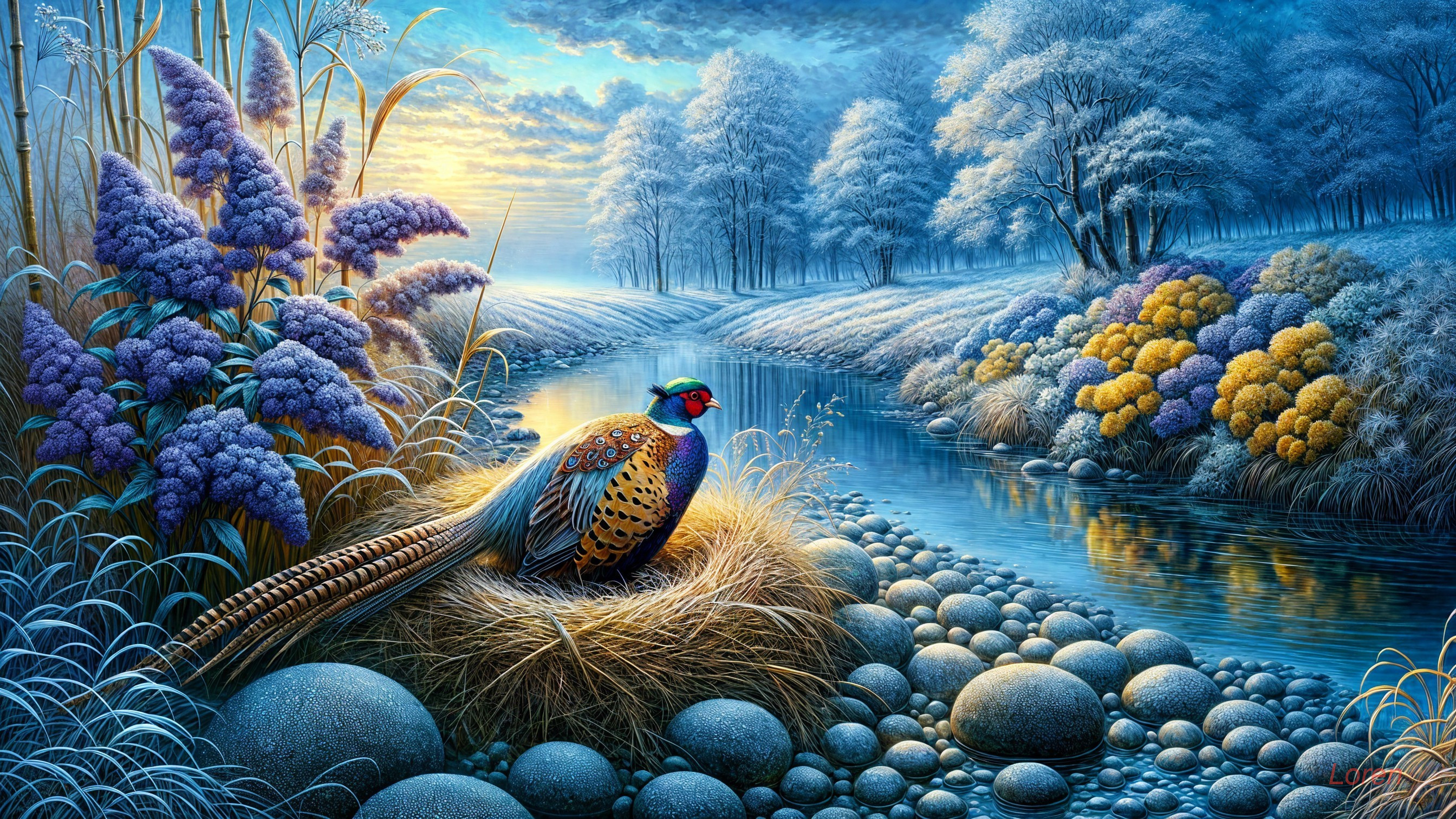 Winter Landscape with Pheasant and Frosted Trees