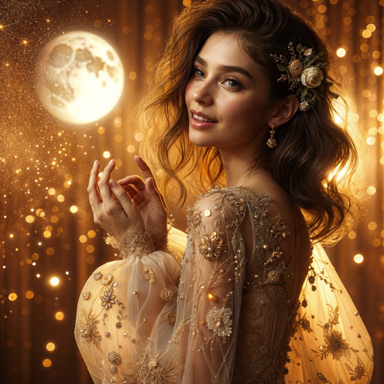 Radiant Woman in Floral Gown with Golden Lights
