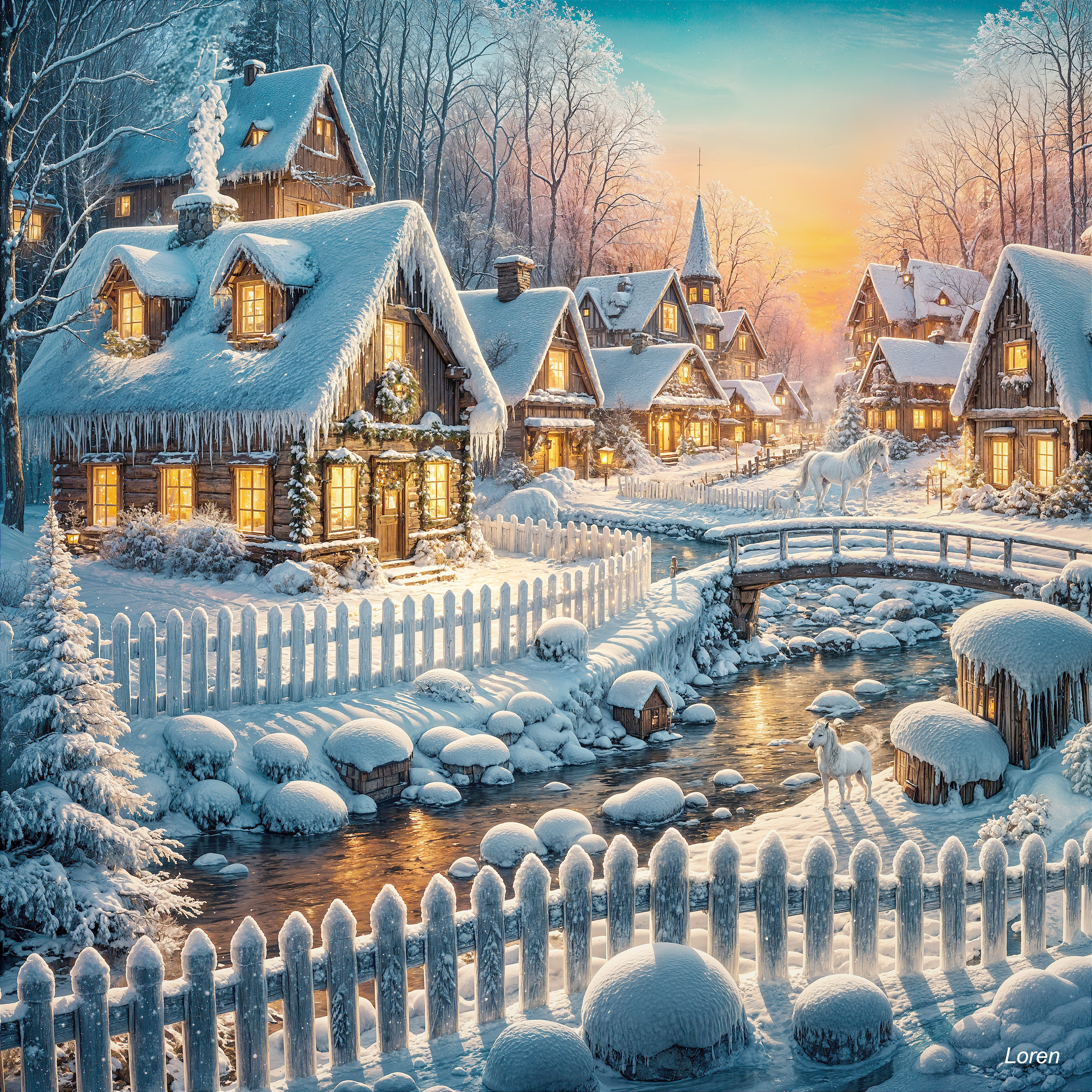 Winter Village Scene with Snow and Charming Cottages