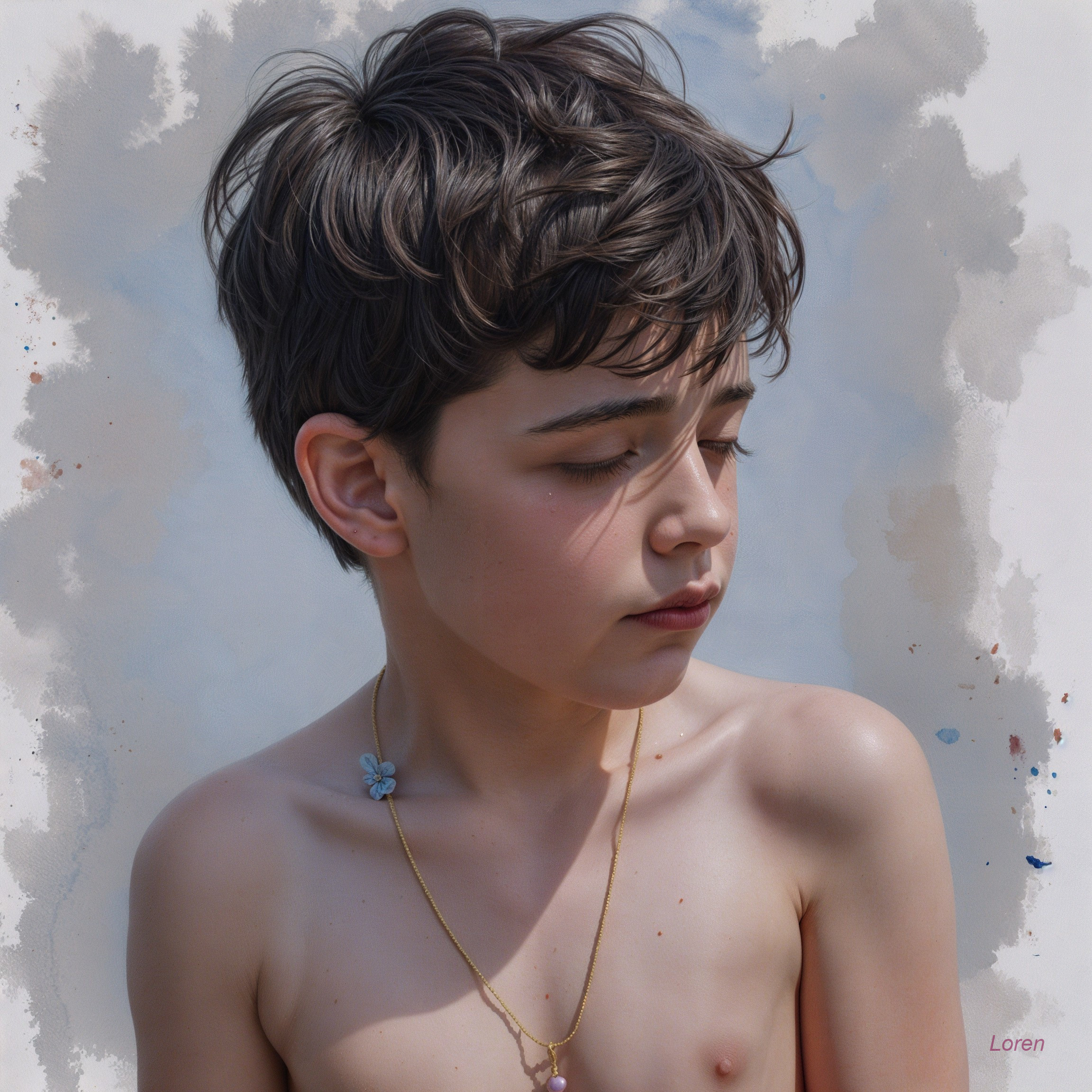 Young boy with dark hair and thoughtful expression