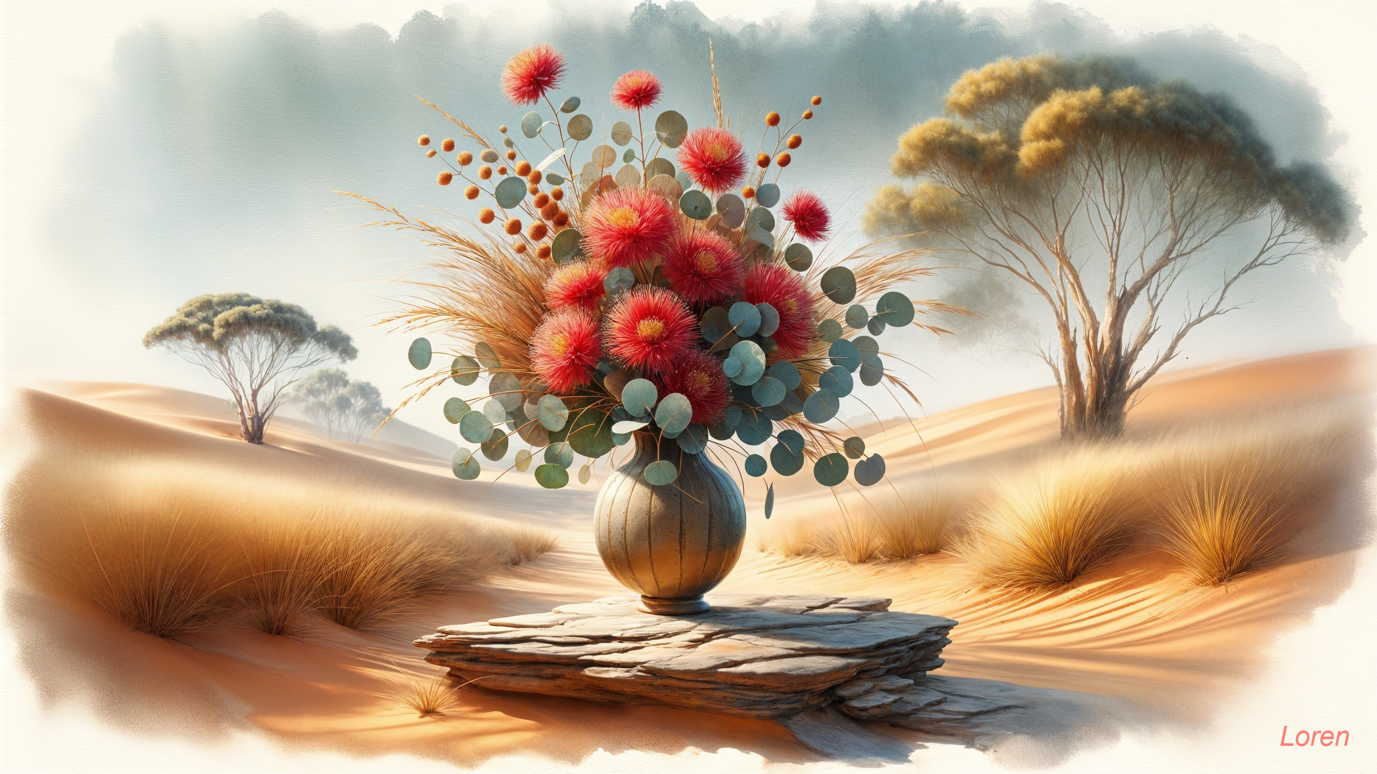 Vibrant Red Flowers in Textured Vase on Rocky Pedestal