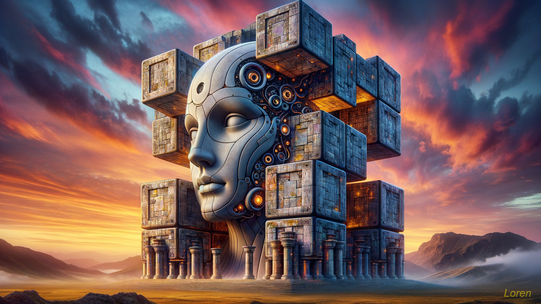 Futuristic Structure with Human Face Amidst Sunset Sky