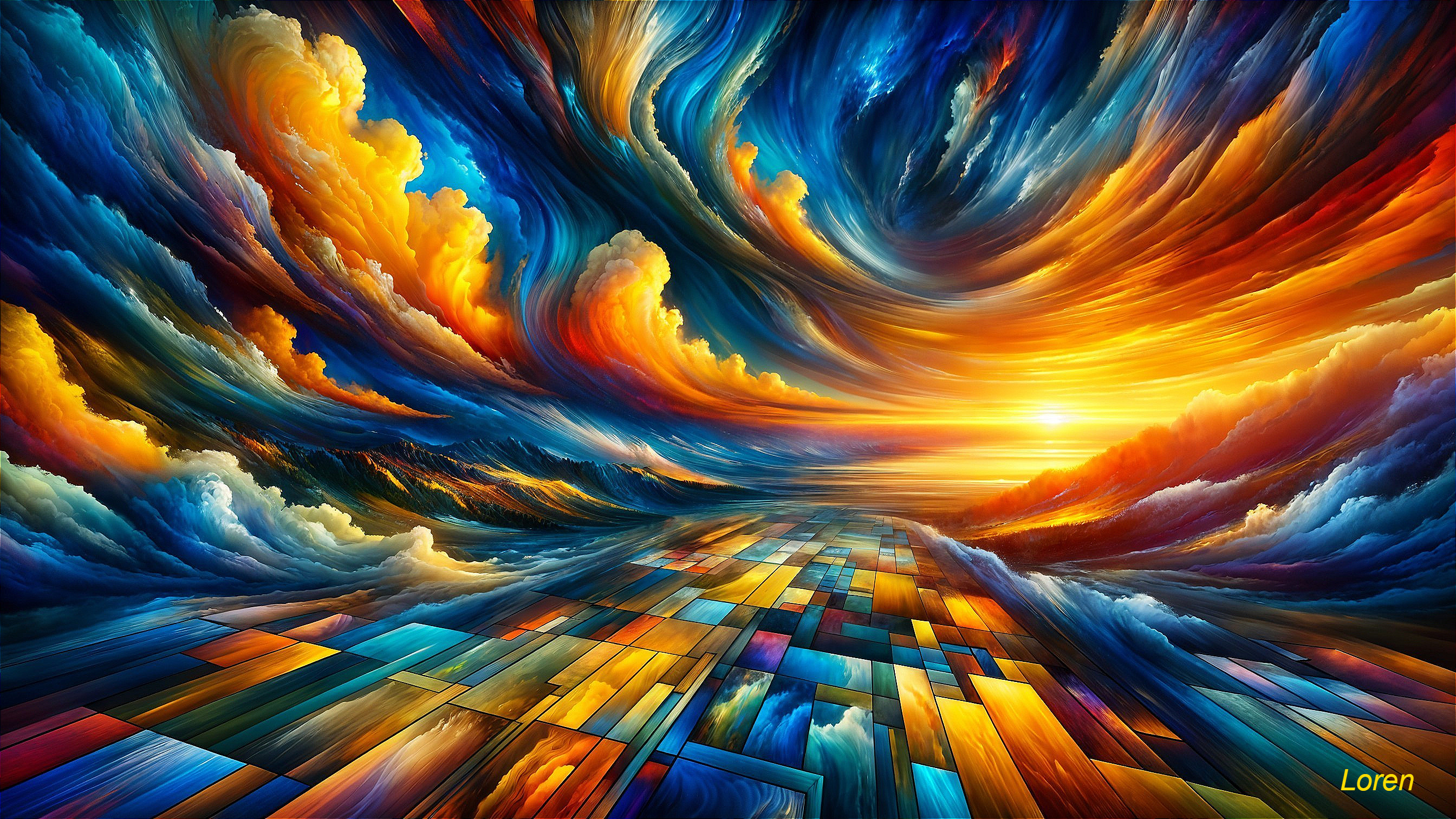 Vibrant Sunset Landscape with Colorful Mosaic Pathway