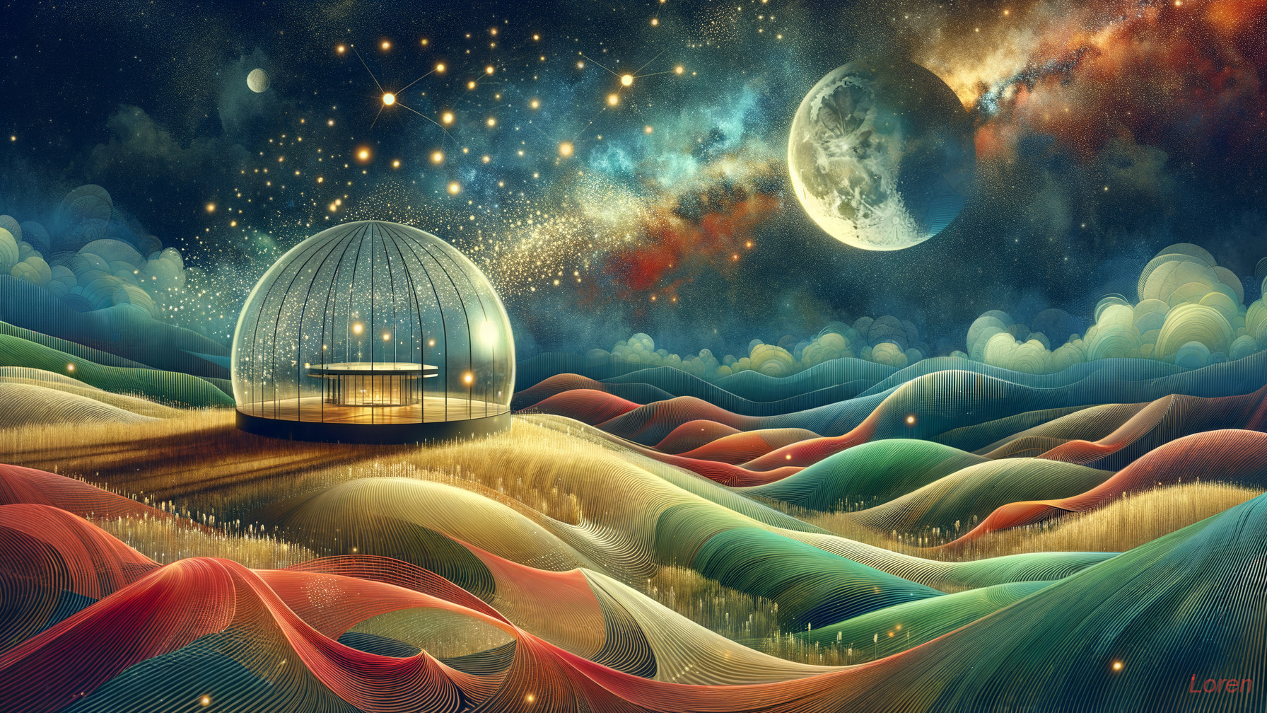 Surreal Landscape with Vibrant Colors and Celestial Scene