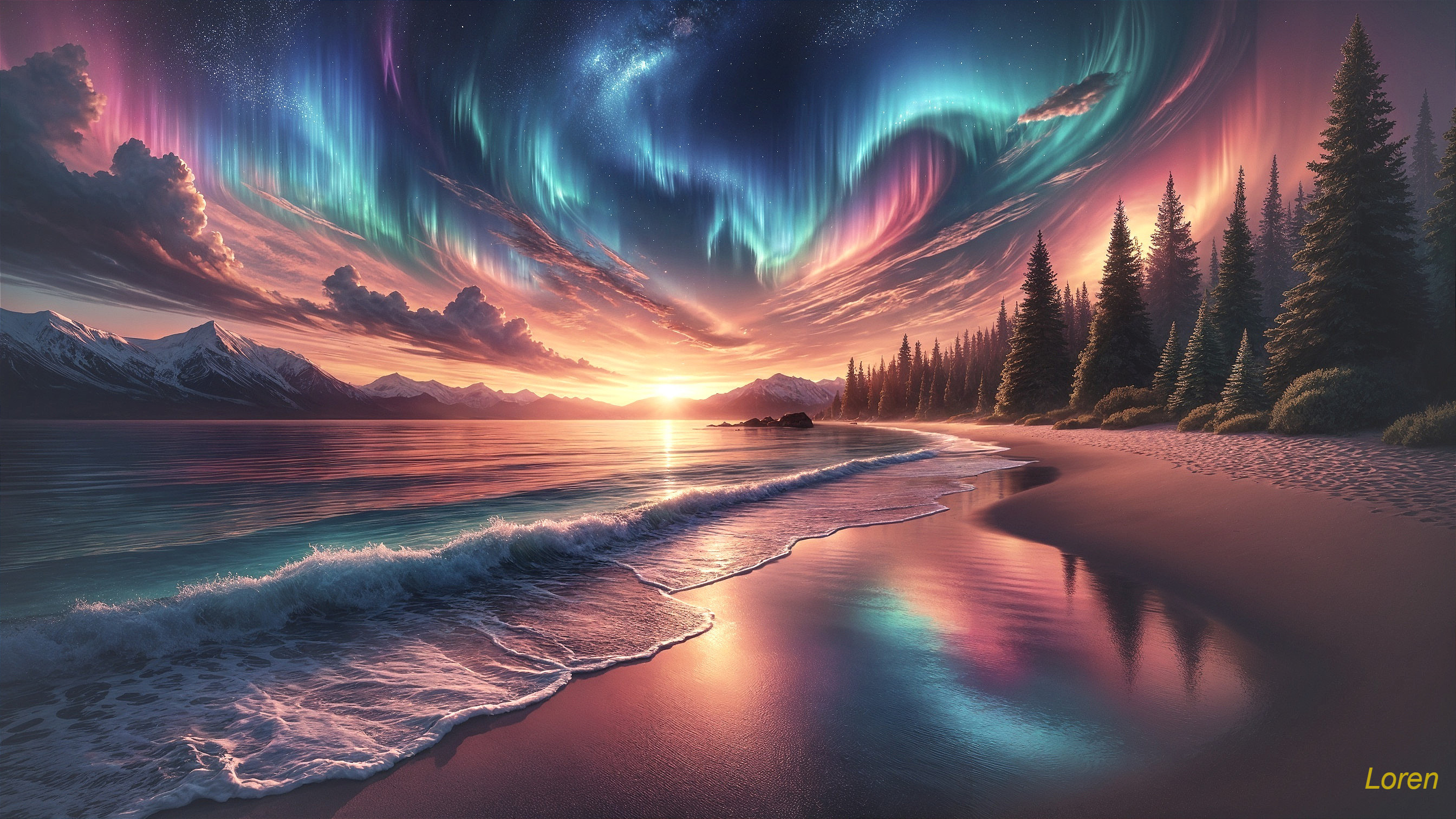 Breathtaking Beach Sunset with Vibrant Auroras