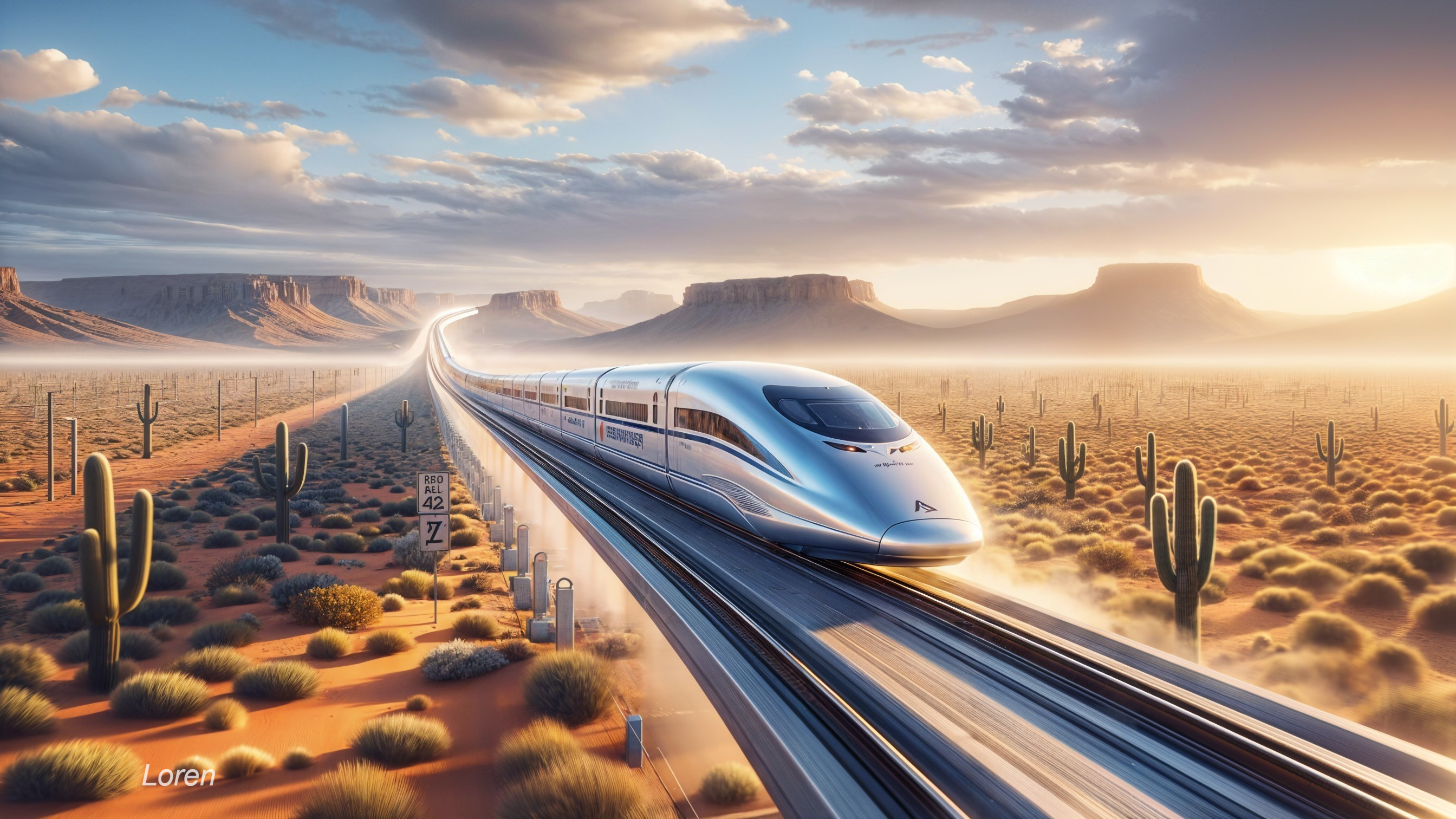 Futuristic train on elevated tracks in desert landscape
